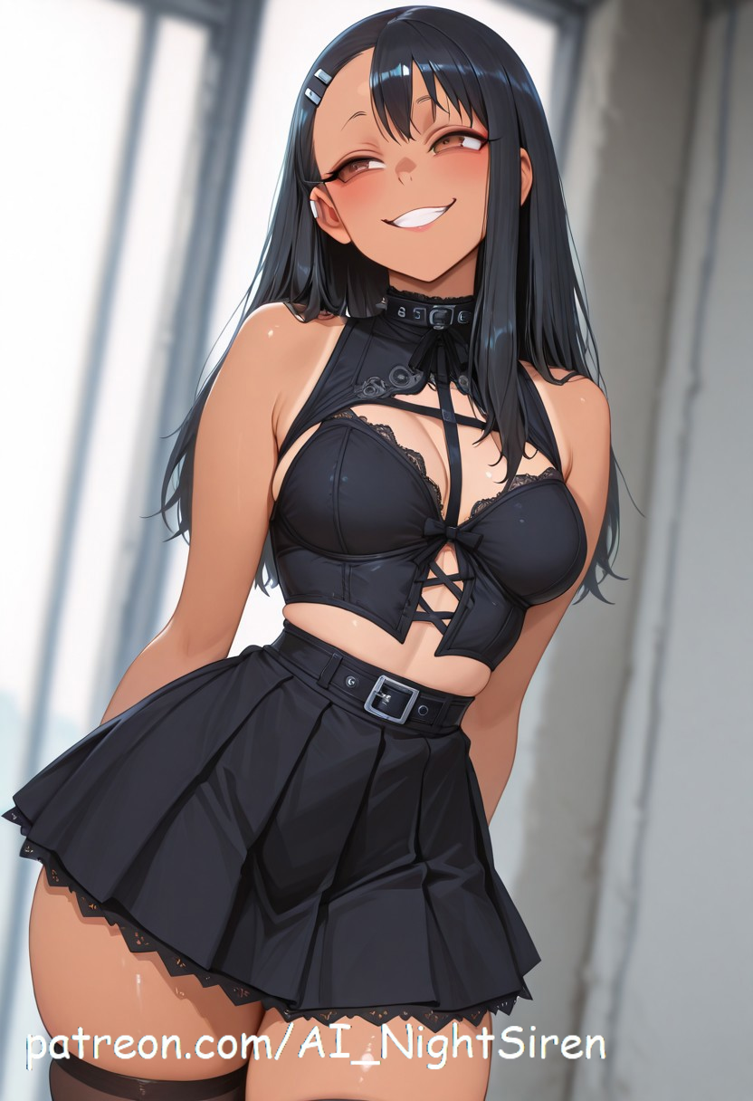 1girls, ai generated, almost naked, almost nude, bare shoulders, black hair, black skirt, blurry, bow, bow panties, breasts, breasts focus, brown eyes, collarbone, cowboy shot, crop top, dynamic pose, earclip, female, female focus, female only, front view, goth, goth clothing, goth girl, gothic girl, hair ornament, hairclip, hayase nagatoro, jewelry, long hair, makeup, naughty face, no bra, on bed, outdoors, parted lips, patreon, patreon url, patreon username, please don't bully me, nagatoro, presenting, revealing clothes, saggy breasts, seductive smile, shiny, skirt, sleeveless, solo, standing, sweat, tan body, teeth, thick thighs, thighs, uncensored, underboob, vibrant colors