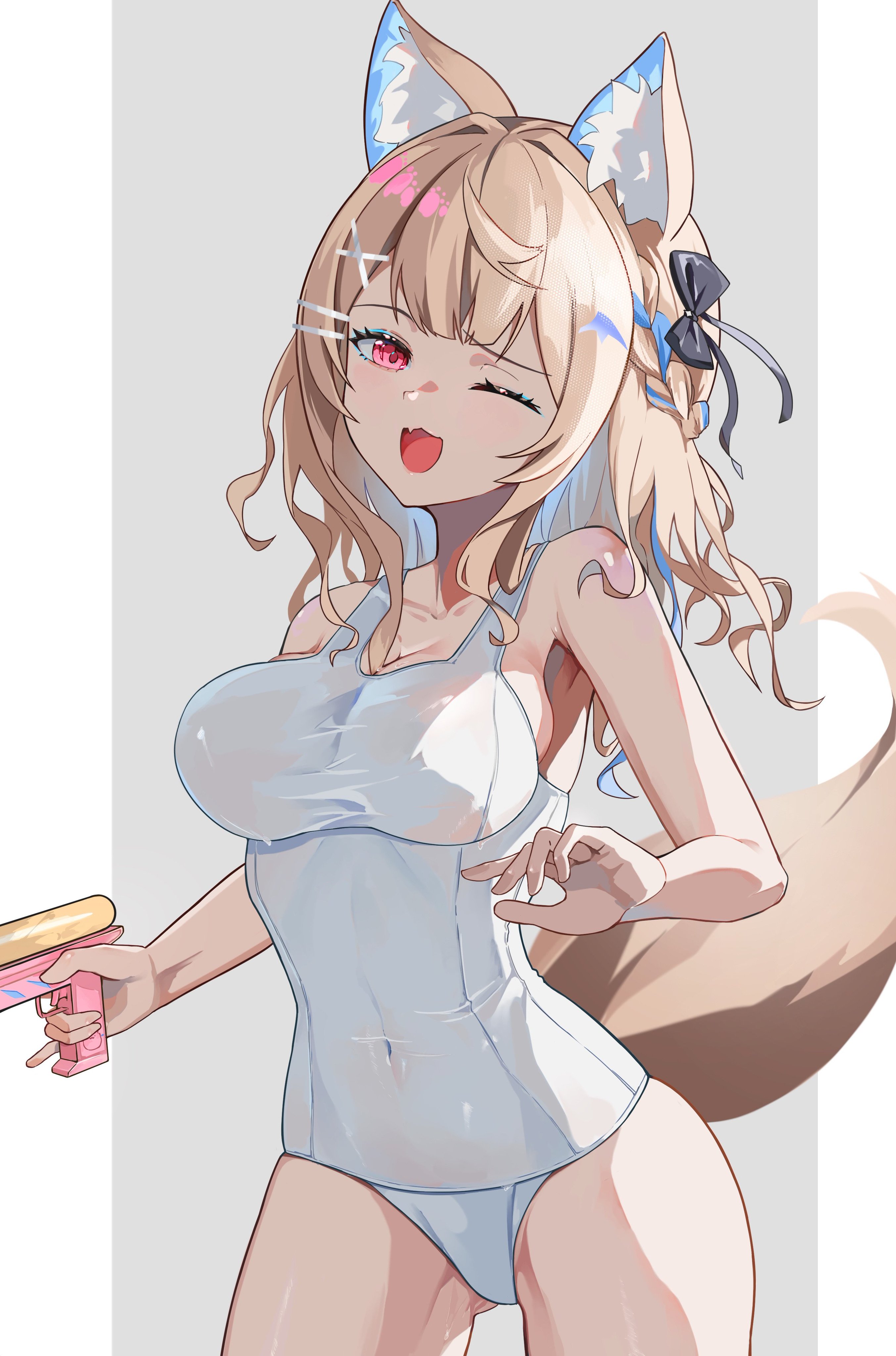 1girls, 2d, 2d (artwork), alternate costume, animal ears, animal tail, big breasts, blonde hair, blue hair, breasts, dog ears, dog tail, female, female focus, female only, front view, fuwawa abyssgard, gun, high resolution, highres, holding gun, holding object, holding pistol, holding water gun, hololive, hololive english, hololive english -advent-, light skin, light-skinned female, long hair, looking at viewer, maymea, one eye closed, one-piece swimsuit, pink eyes, simple background, slim female, smiling, smiling at viewer, solo, solo female, solo focus, standing, swimsuit, tight clothing, two-tone hair, virtual youtuber, vtuber, vtuberfanart, water gun, white swimsuit, young, younger female