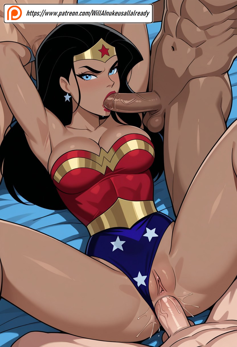 1girls, 3boys, ai generated, amazon, anal, anal penetration, anal sex, angry, armpits, arms up, bare shoulders, bed, black hair, blue eyes, clothed female nude male, collarbone, dark skin, dark-skinned male, dc, dc comics, diana prince, fellatio, female, femsub, gangbang, heroine, justice league, justice league unlimited, legs, light skin, light-skinned male, long hair, looking at viewer, lying, lying on back, lying on bed, male, maledom, multiple boys, multiple males, multiple penises, neck, on back, on bed, oral, oral sex, penetration, penis, pussy, sex, spread legs, superhero costume, superheroine, themysciran, thick thighs, thighs, uncensored, willainukeusallalready, wonder woman, wonder woman (dcau), wonder woman (series)