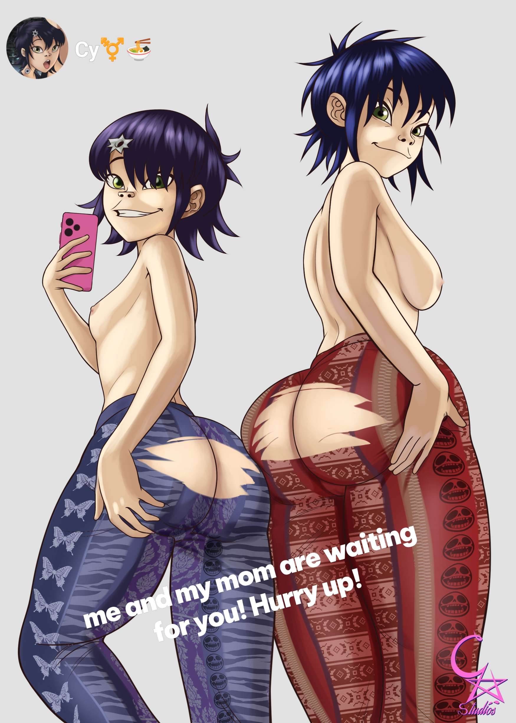 ass, cockstar studios, cyborg noodle, flare pants, forbidden pants, gorillaz, noodle (gorillaz), presenting ass, ripped pants