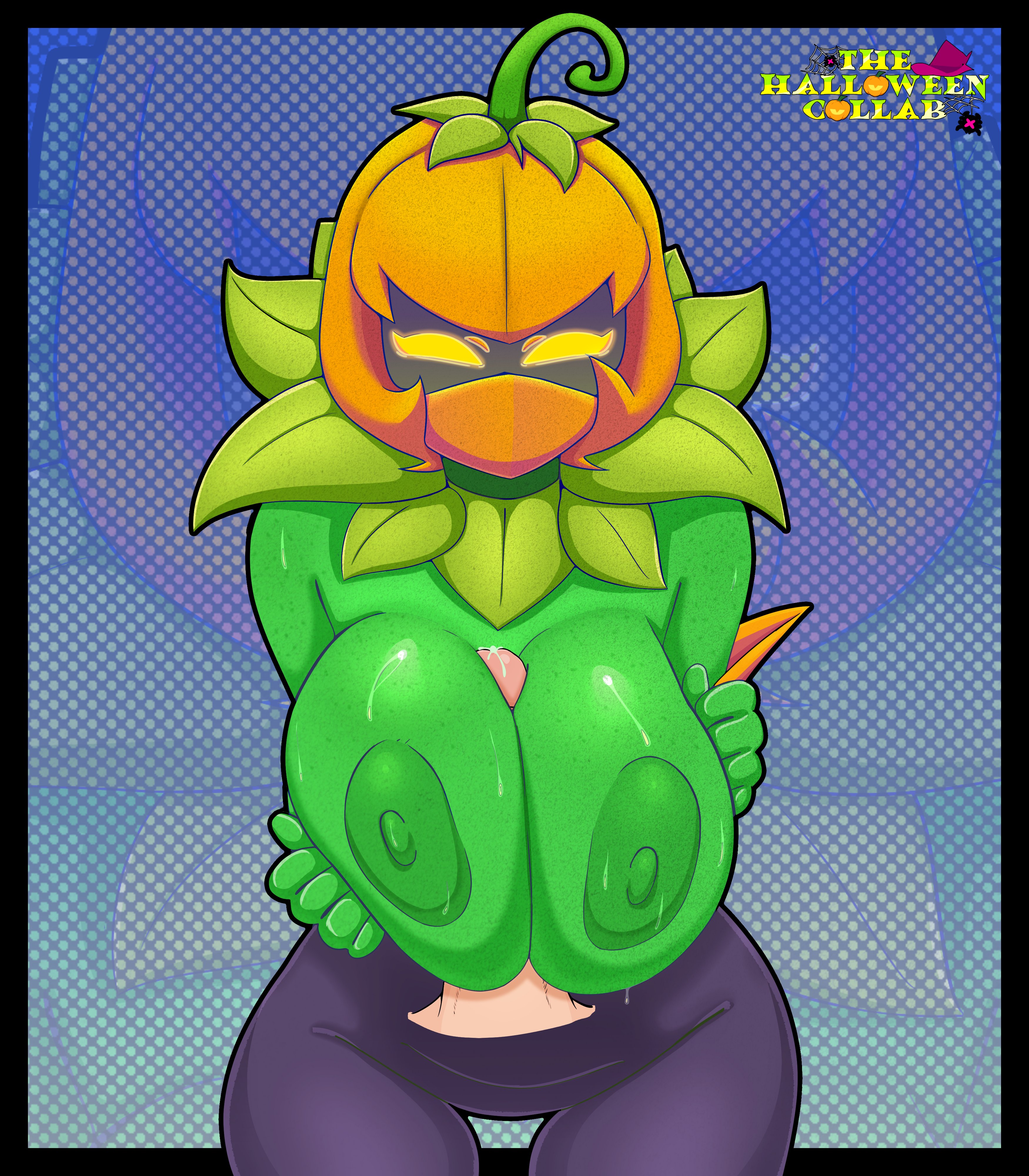1boy, 1girls, big breasts, brawl stars, breasts, ceo of lizards, female, lily (brawl stars), male, paizuri, paizuri lead by female, penis, plant, plant girl, pumpkin, smiling, supercell, sweat, sweaty breasts, tagme, titfuck