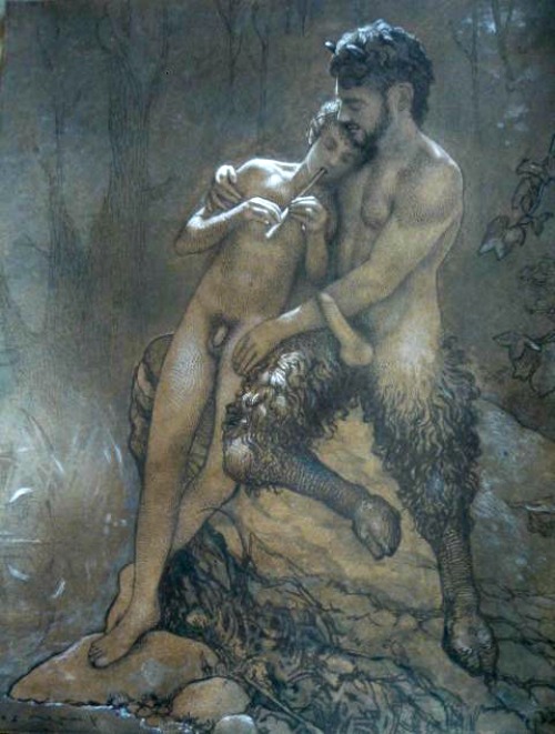 2boys age_difference art boner daphnis embrace erection eromenos fictional_interracial fine_art flaccid flute gay greek_mythology hand_on_thigh horns_and_hooves human interspecies interspecies_yaoi male male/male male_on_male male_only multiple_males nude outdoors pan pan_(mythology) penis penis_size_difference satyr size_difference straight_hair traditional_art yaoi