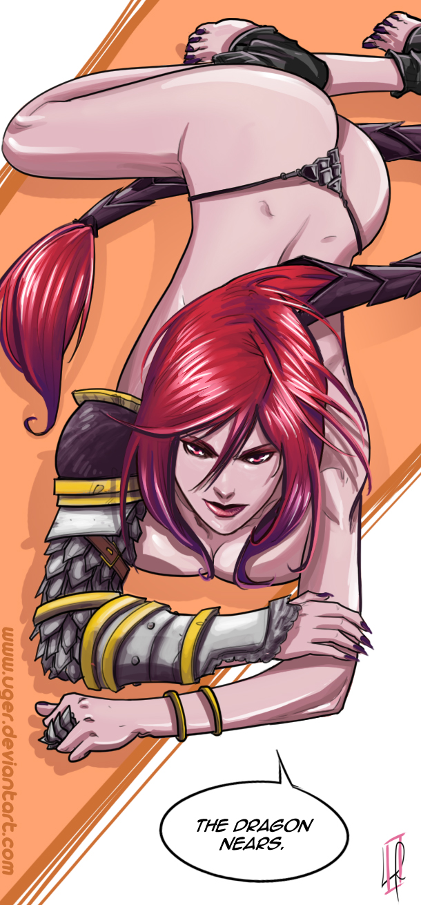 armor ass bracelet breast breast_press breasts english feet female gauntlets ironscale_shyvana league_of_legends legacy_series long_hair lying on_stomach panties ponytail red_eyes red_hair sharp_fingernails shyvana solo thong tied_hair topless uger underwear very_long_hair