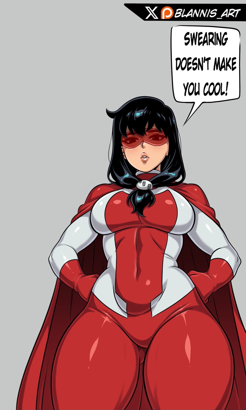black hair, blannis art, canon dialogue, canonical scene, cape, clothed, clothed female, female, female only, femvincible, genderswap, genderswap (mtf), grey background, invincible, looking down, looking down at viewer, mark grayson, omni-mark (invincible), rule 63, simple background, solo, tinted eyewear, visor
