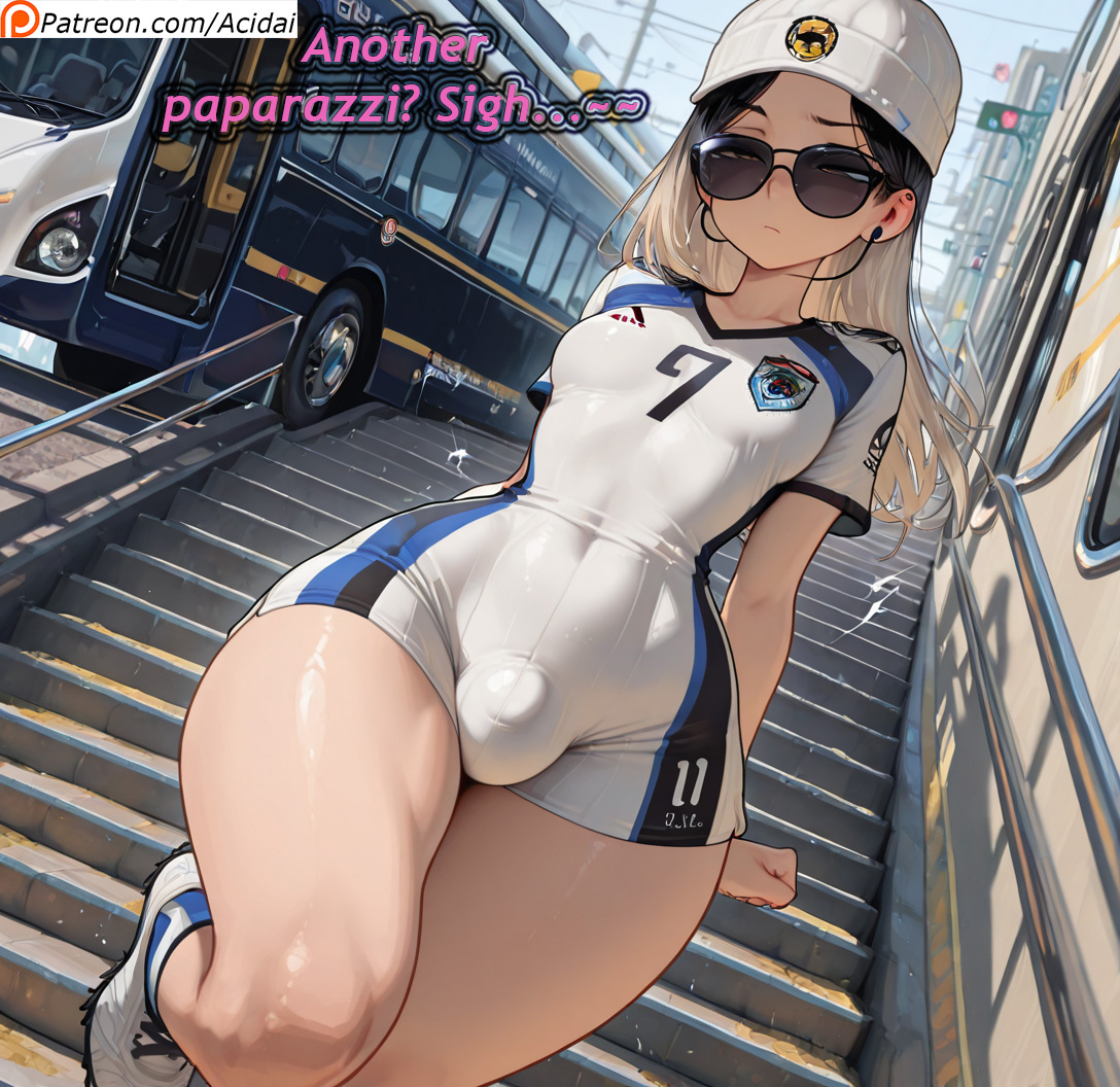 acidai, ai generated, annoyed, blonde hair, bulge, cute, dyed hair, earbuds, femboy, flat chest, football uniform, hat, long hair, shorts, small waist, thick thighs