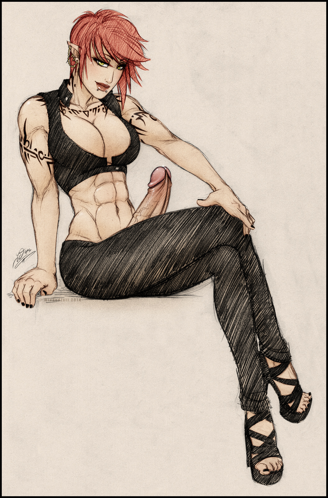 1futa, abs, cleavage, crossed legs, ear piercing, earrings, elf, fingernails, futa only, futanari, intersex, lip piercing, nail polish, navel, penis, piercing, pointy ears, red hair, short hair, sitting, solo, tattoo, wickedj, yellow eyes