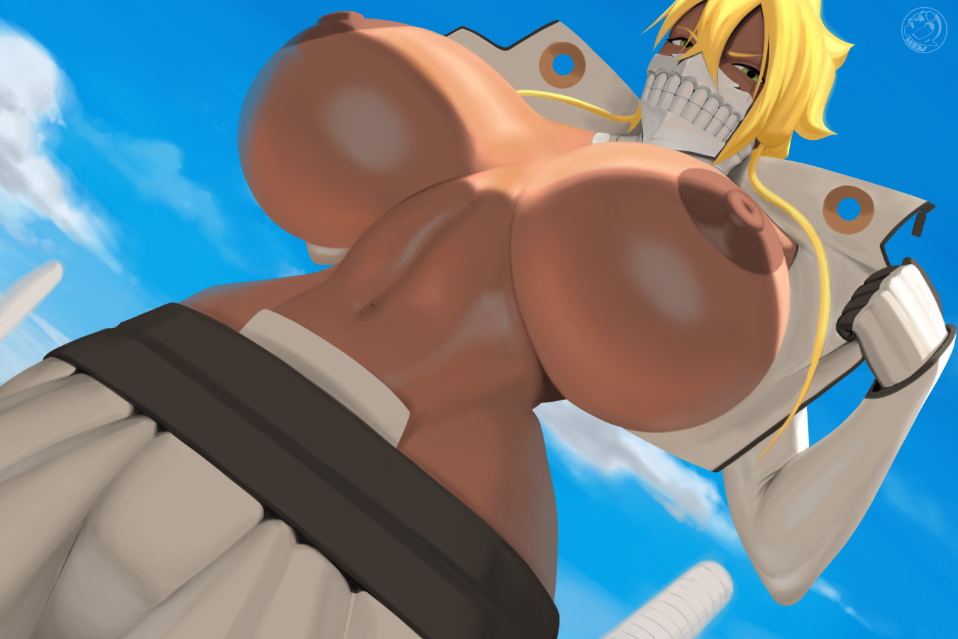 1girls, 3:2, alternate version available, arrancar, big breasts, bleach, blonde hair, breasts, brown nipples, clothing, commission, dark skin, dark-skinned female, exposed breasts, female, female only, gloves, green eyes, huge breasts, jacket, jacket open, large breasts, long sleeves, mouth mask, neozoa, nz naughty, self upload, solo, tia harribel, tier harribel, wide hips