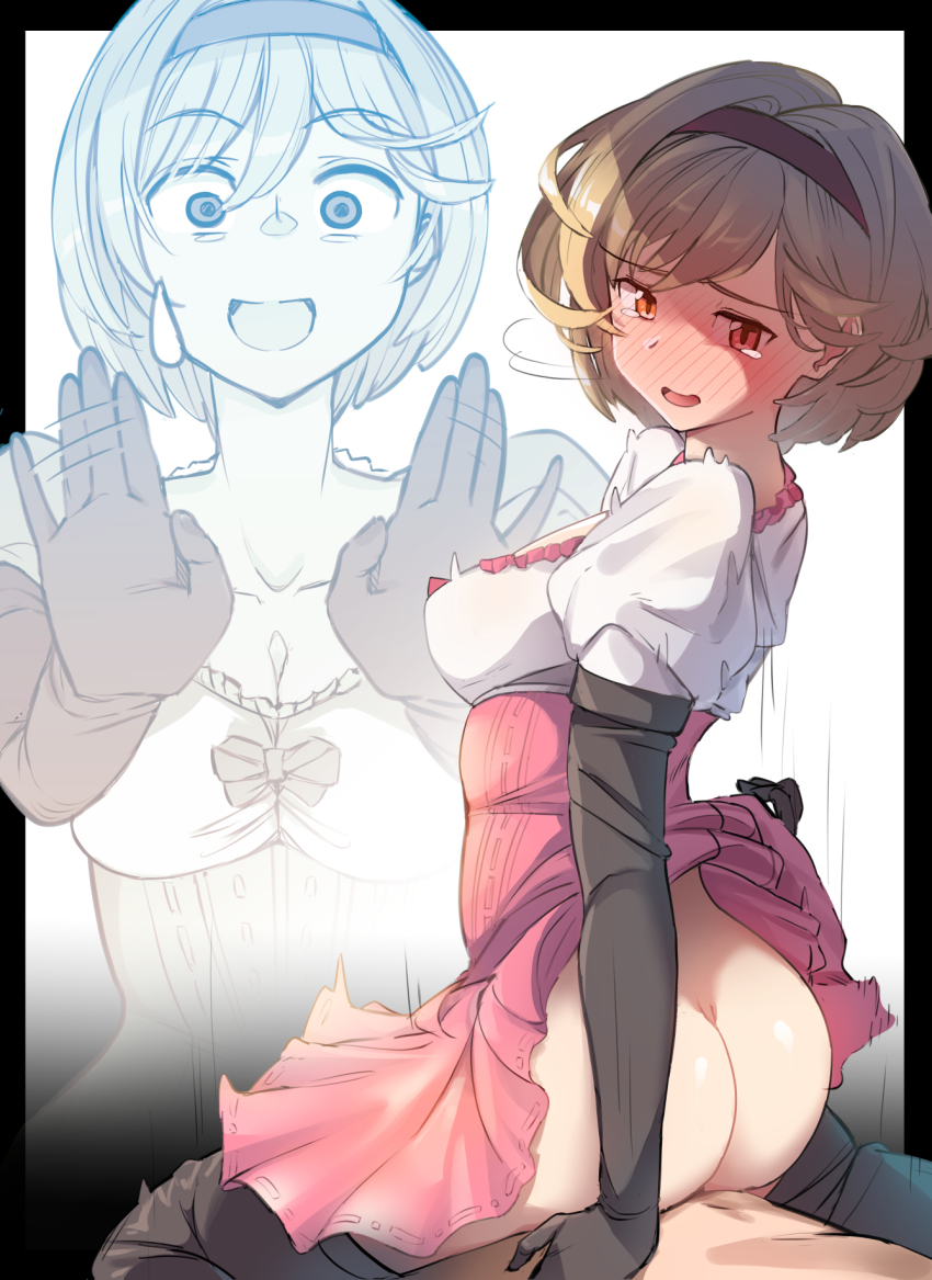 1boy, 1girls, ass, blonde hair, blush, breasts, cleavage, djeeta (granblue fantasy), female, first time, granblue fantasy, implied sex, looking at viewer, looking back, looking back at viewer, male, medium breasts, motion lines, reverse cowgirl position, riding, sex, short hair, skirt, straddling, touniyuu