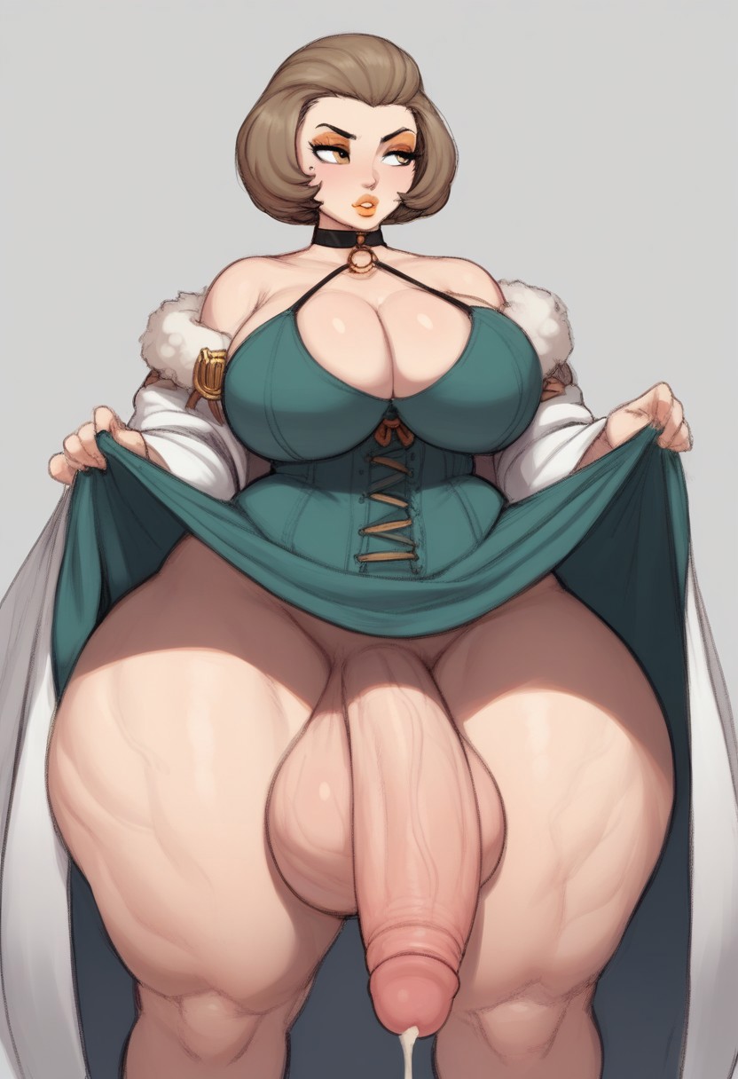ai generated, balls, big balls, big breasts, big penis, bottom heavy, breasts, fire emblem, fire emblem: three houses, futanari, gvukub, huge balls, huge cock, intersex, lifting dress, manuela casagranda, nintendo, penis, thick thighs, wide hips