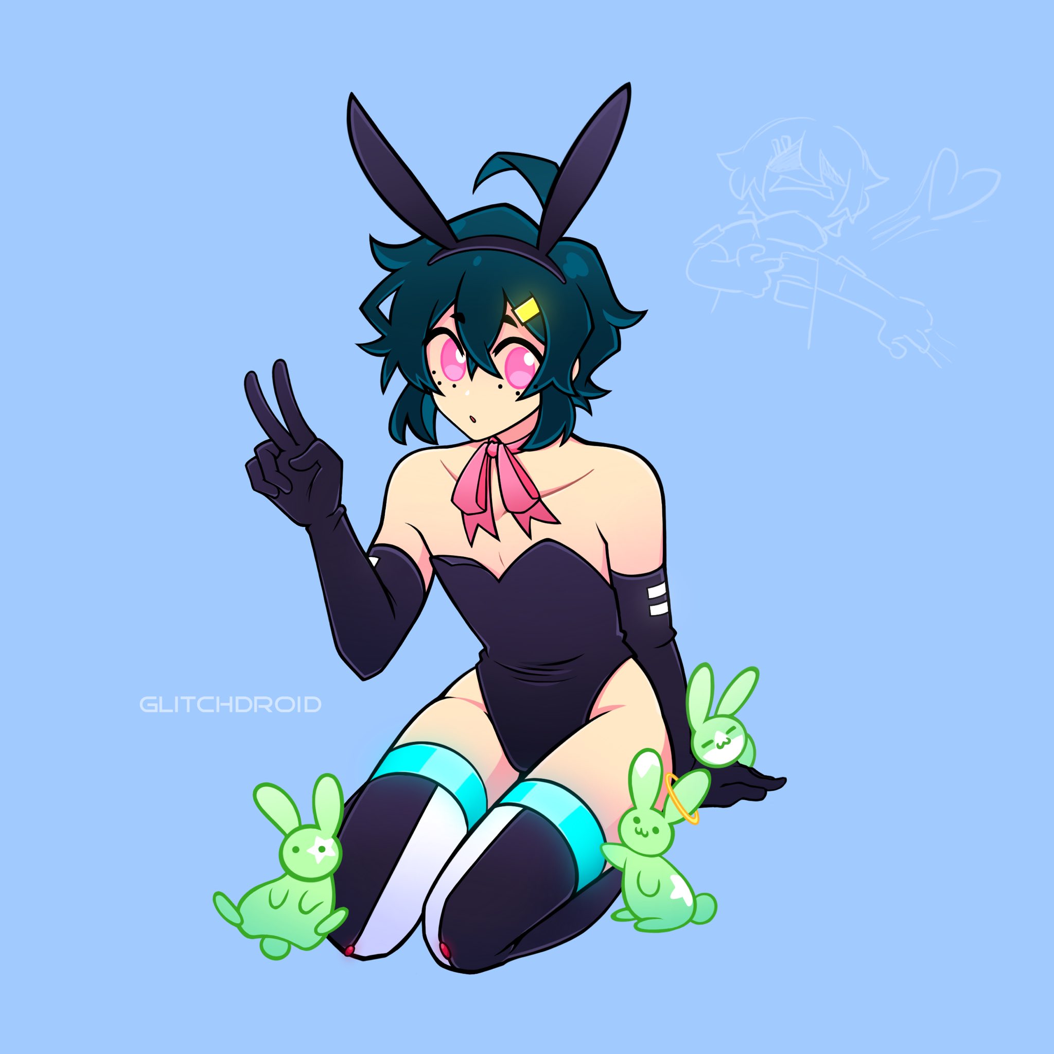 ahoge, android, blue hair, breasts, bunny boy, bunny ears, bunnysuit, femboy, friday night funkin, glitchdroid, green hair, kou (glitchdroid), male, male only, pink eyes, rabbit, ribbon, small breasts, thighs, v