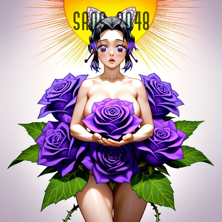 ai_generated kimetsu_no_yaiba kochou_shinobu naked naked_female purple_eyes purple_hair purple_rose rose rose_(flower) sans_2048 sole_female solo solo_female