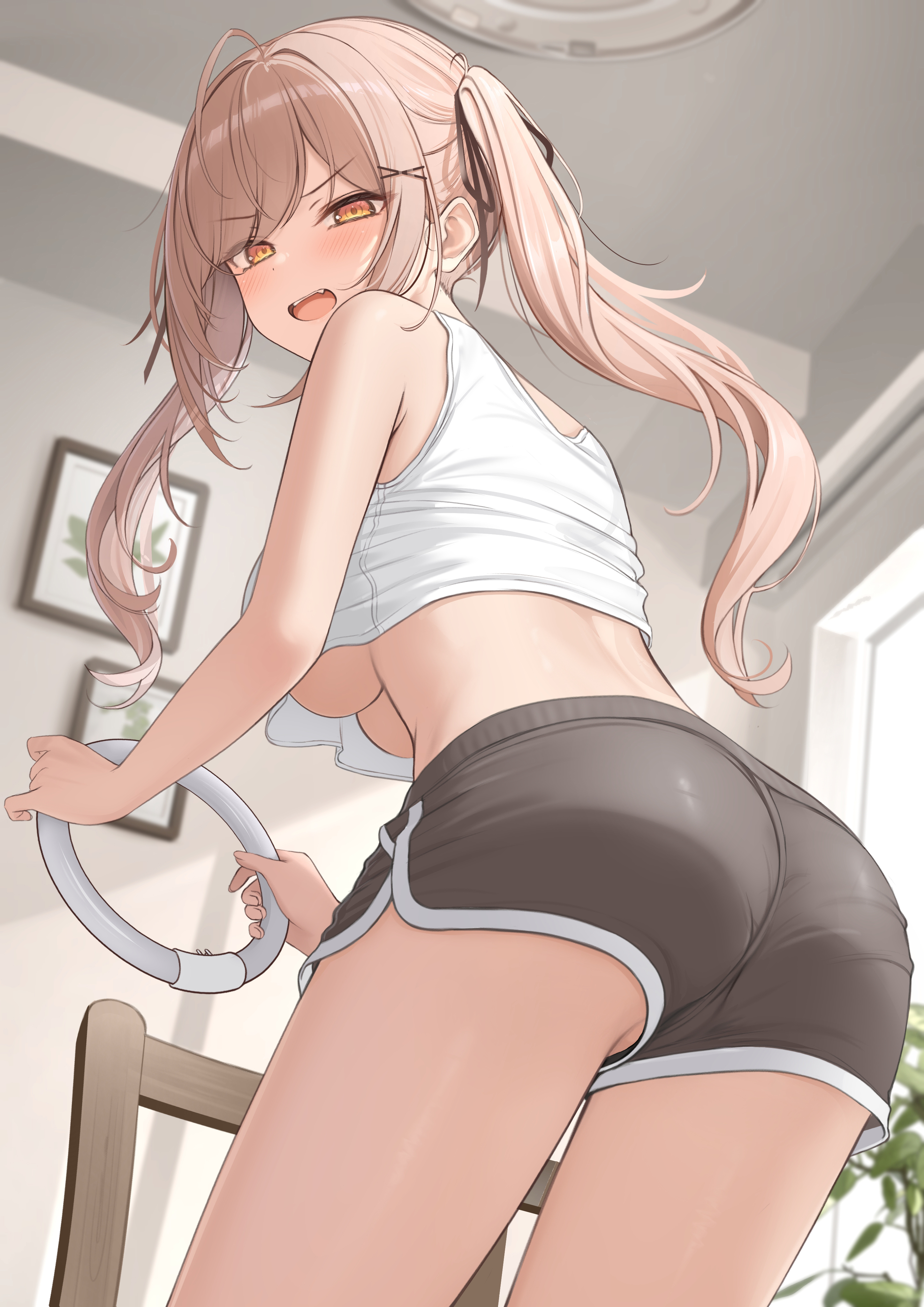 1girls, amber eyes, annoyed, ass, booty shorts, breasts, brown hair, female, hair ribbon, imouto-chan (monaka curl), large breasts, monaka curl, no bra, no panties, open mouth, original, shorts, twintails, underboob