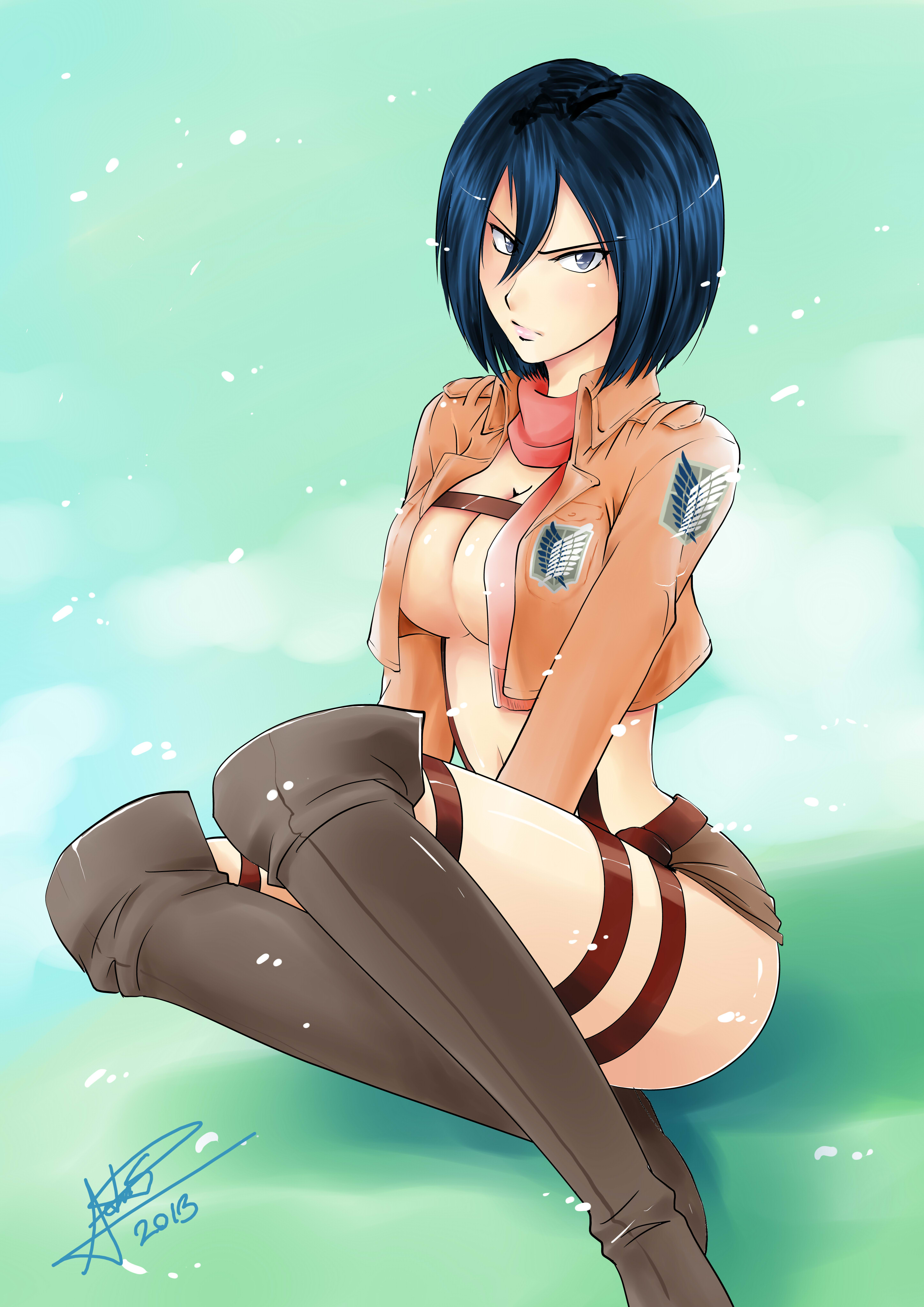 2013, attack on titan, aya yanagisawa, black hair, blue eyes, boots, breasts, cleavage, female, highres, jacket, looking at viewer, mikasa ackerman, navel, no bra, open clothes, open jacket, scarf, shingeki no kyojin, short hair, sitting, solo, thigh boots, thigh strap