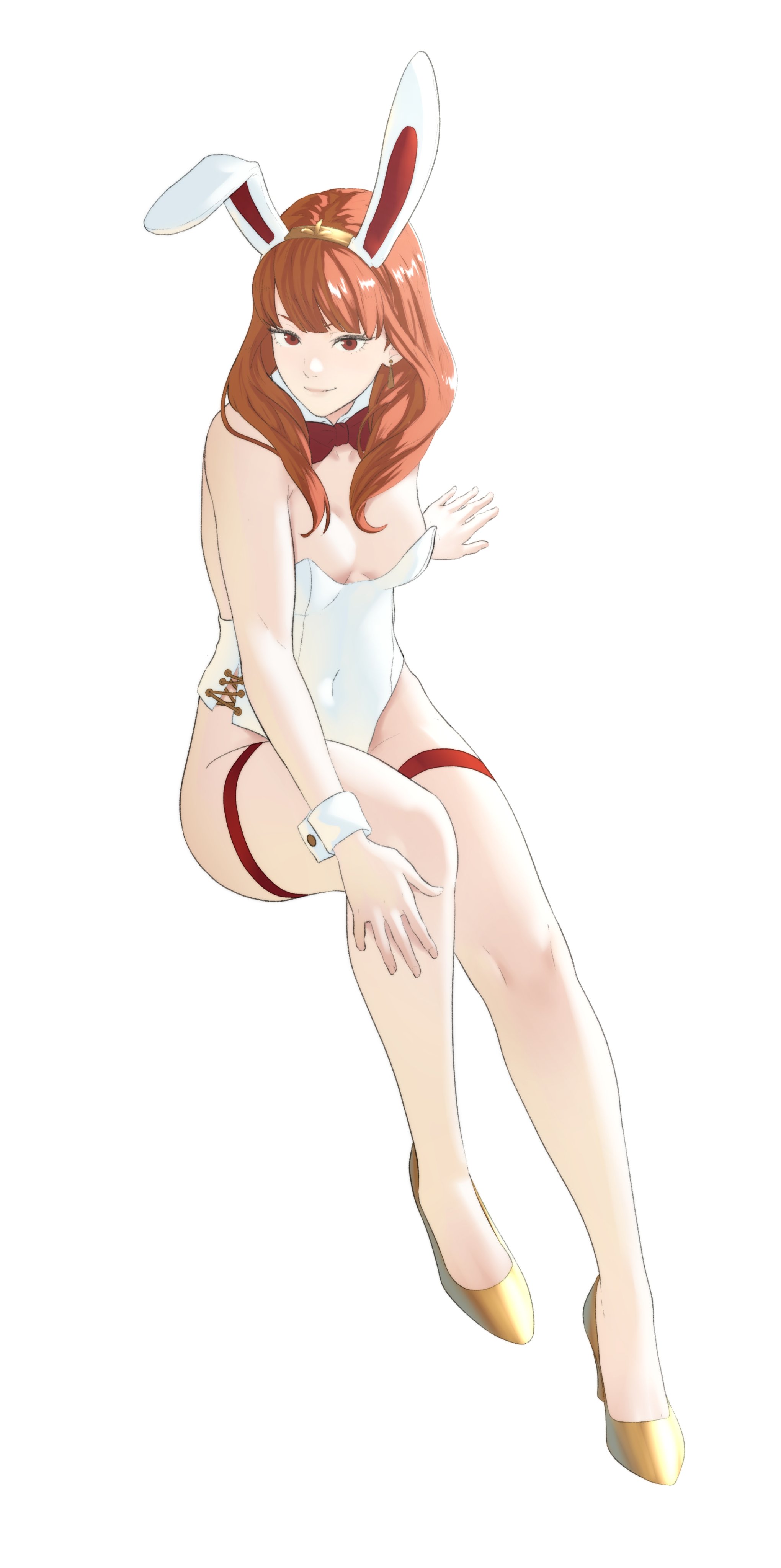 1girls, absurdres, animal ears, arm support, bare arms, bare legs, blunt bangs, bow, bowtie, breasts, bunny ears, bunny girl, bunny tail, bunnysuit, celica (fire emblem), collarbone, covered navel, earrings, fake animal ears, female, female only, fire emblem, fire emblem echoes: shadows of valentia, full body, hairband, high heels, highres, invisible chair, jewelry, legs, leotard, long hair, looking at viewer, medium breasts, nintendo, orange eyes, orange hair, playboy bunny, pomelomelon, princess, royalty, sitting, smile, solo, teenage female, teenager, toe cleavage, white background, white leotard, wrist cuffs