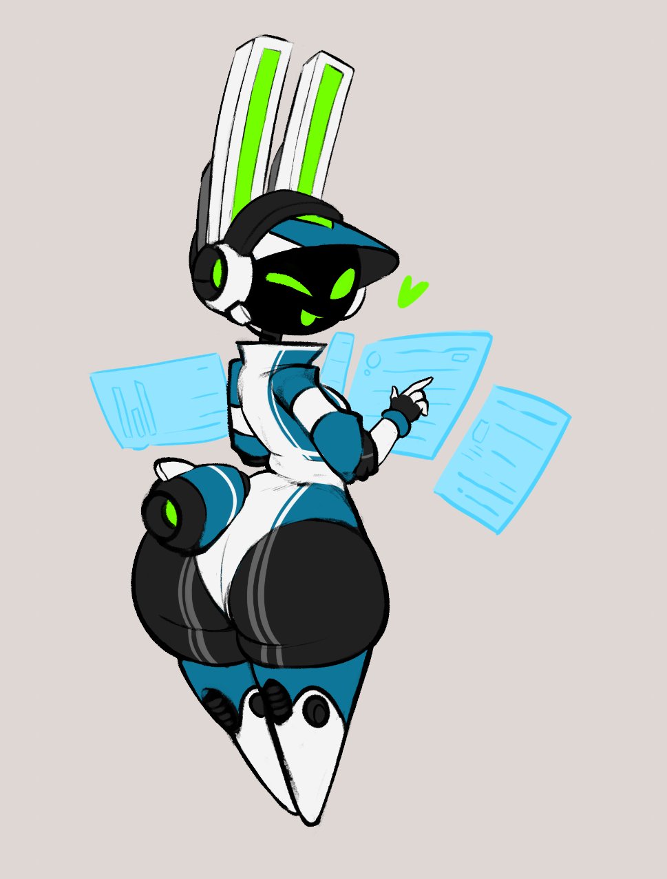 1girls, 2025, ass, back, back view, bottom heavy, female, female only, huge ass, humanoid, jp pandamonium, looking back, mostly clothed, official art, project turboblast, robot, robot girl, screen face, shortstack, simple face, solo, standing, tempo (project turboblast), thick thighs, wide hips, wink