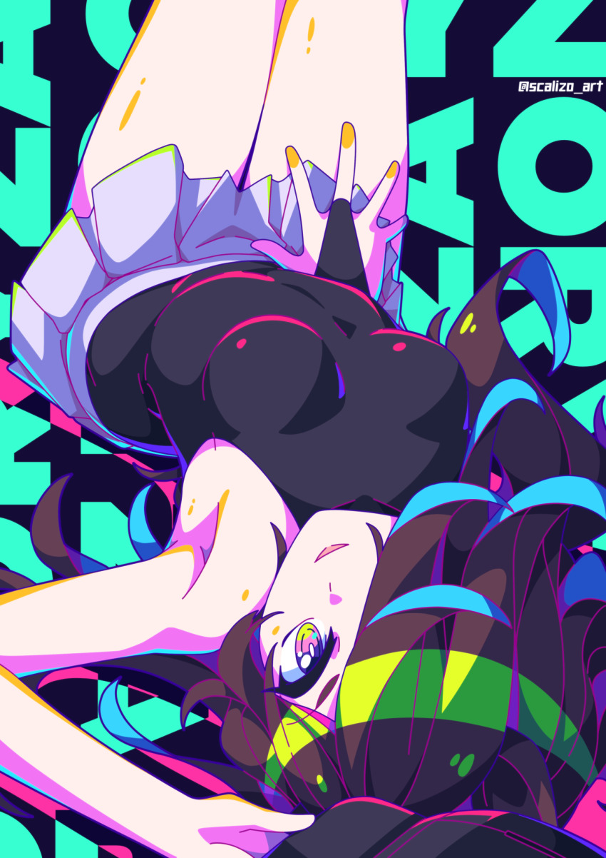 black hair, breasts, female, neon lights, petite, purple eyes, rice shower (umamusume), scalizo, small breasts, swimsuit, tight clothing, umamusume