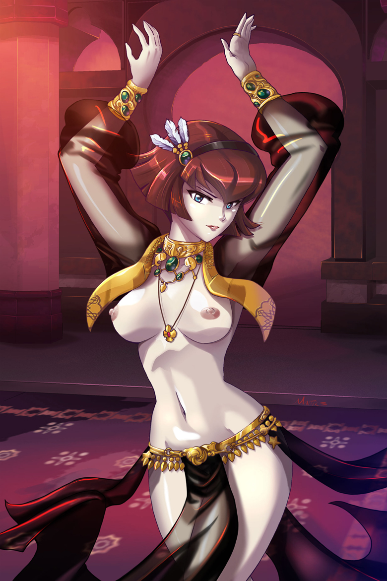 1girls android andronicusvii arms_up bare_legs belly_dancer belly_dancer_outfit blue_eyes bracelet breasts brown_hair choker dancer female female_only hairband harem_girl harem_outfit jewelry loincloth lots_of_jewelry navel necklace nipples r._dorothy_wayneright red_hair ring see-through shawl short_hair solo standing the_big_o white_skin