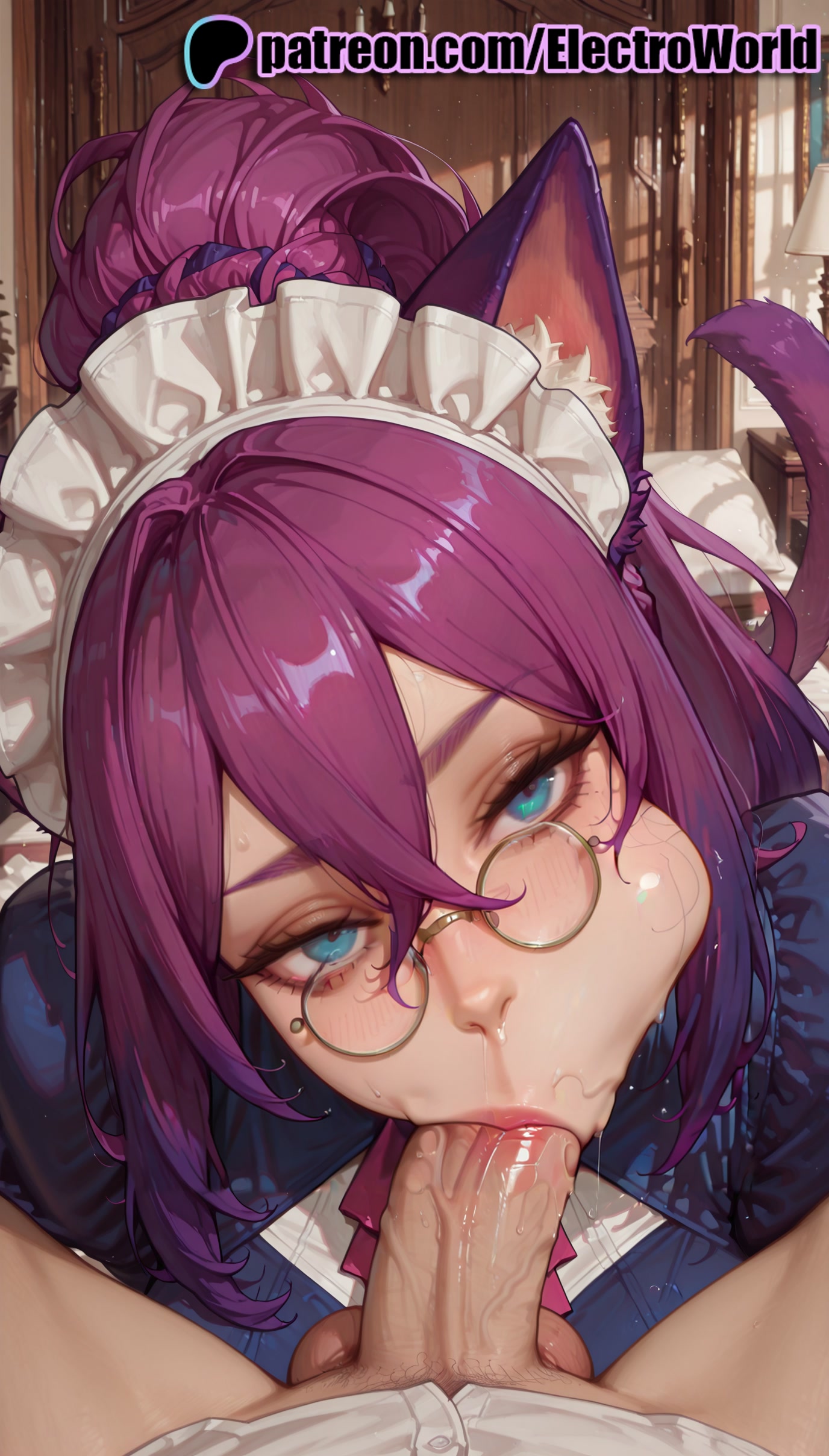 :>=, 1boy, 1girls, 2025, ai generated, artist name, blowjob, blowjob face, blush, cock, dick, electroworld, fellatio, female, gate - jieitai ka no chi nite kaku tatakaeri, glasses, hi res, high quality, high resolution, highres, licking, long hair, looking at viewer, maid, maid headdress, male, oral, oral sex, patreon, patreon username, penis, persia (gate), purple hair, solo focus, stable diffusion, straight, sucking, tail, uncensored, watermark
