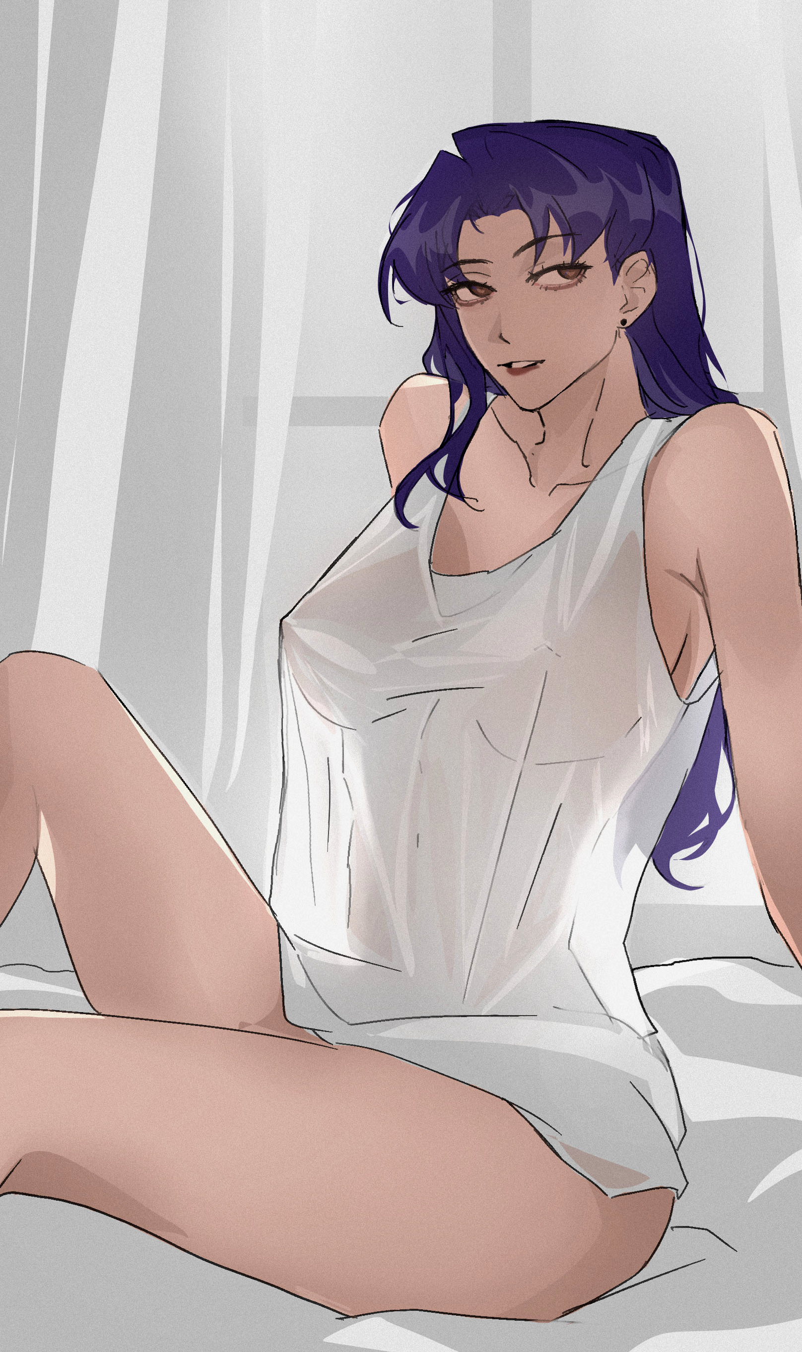 1girls, asian, asian female, braless, breasts, female, female only, gainax, in pand, japanese female, misato katsuragi, neon genesis evangelion, nipples, nipples visible through clothing, purple hair, solo, solo female, translucent clothing