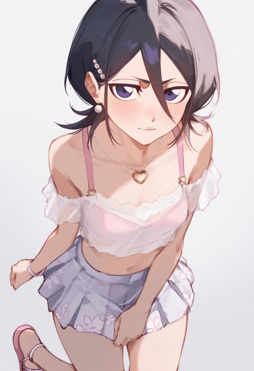 1girls ai ai_generated ankle_strap_heels beads belly belly_button black_hair bleach blush blush blush_lines blush_stickers bra bra_strap bracelet chain_necklace clavicle closed_mouth clothed clothed_female clothes clothing collarbone crop_top cute earrings female female_focus female_only floral_print footwear grey_skirt hair hair_between_eyes hair_ornament hairclip heart_necklace high_resolution highres jei_games jewelry kawaii kuchiki_rukia legs light-skinned_female light_skin looking_at_viewer midriff navel necklace off_shoulder one_leg_up pearl_earrings petite pink_bra pink_footwear pleated_skirt purple_eyes sandals see-through see-through_top shiny shiny_hair shiny_skin short_hair short_skirt skinny skirt slender_body slender_waist smile solo solo_female solo_focus standing stomach thighs translucent translucent_clothing v-shaped_eyebrows very_high_resolution