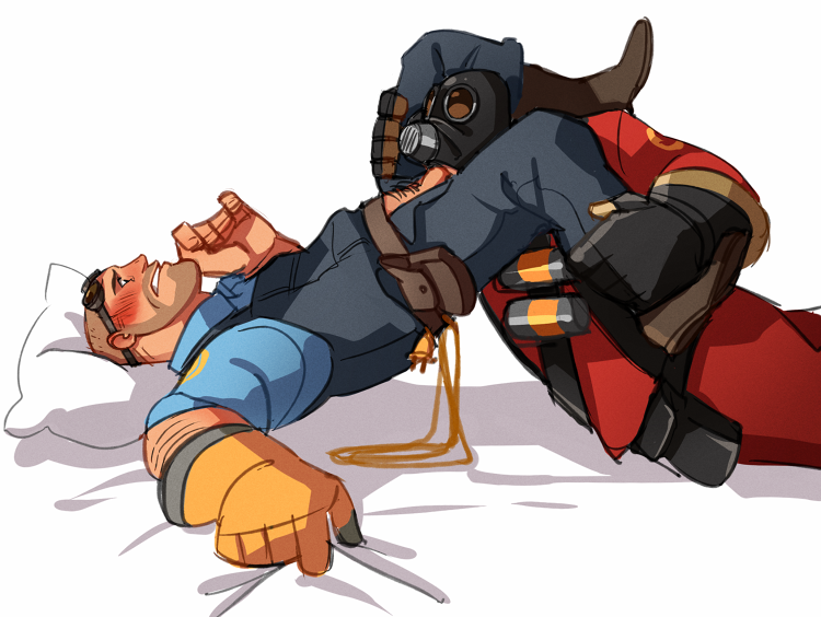 2boys bald bandolier blanket_grab blowjob blush buzz_cut engineer engineer_(team_fortress_2) extension_cord facial_hair fellatio fully_clothed gasmask gay giving_head gloves goggles goggles_on_forehead going_down_on head_on_pillow human leg_on_shoulder legs_held_open male_only oral oral_sex overalls pants_open penis_in_mouth penis_out pubic_hair pyro pyro_(team_fortress_2) sucking_off team_fortress_2 testicles texas_toast_tf2 yaoi