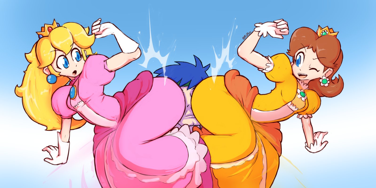 1boy, 2girls, ass, ass on face, attack, bangs, big ass, brooch, clothed, clothing, crown, double team, dress, earrings, elbow gloves, face in ass, female, fire emblem, fire emblem: path of radiance, fire emblem: radiant dawn, flipped hair, flower earrings, fupoo, gloves, headwear, ike (fire emblem), jewelry, long dress, male, mario (series), nintendo, orange dress, parted bangs, peach bomber, pink dress, princess daisy, princess peach, puffy short sleeves, puffy sleeves, short sleeves, straight, super mario bros., super mario land, super smash bros., white gloves, yellow dress