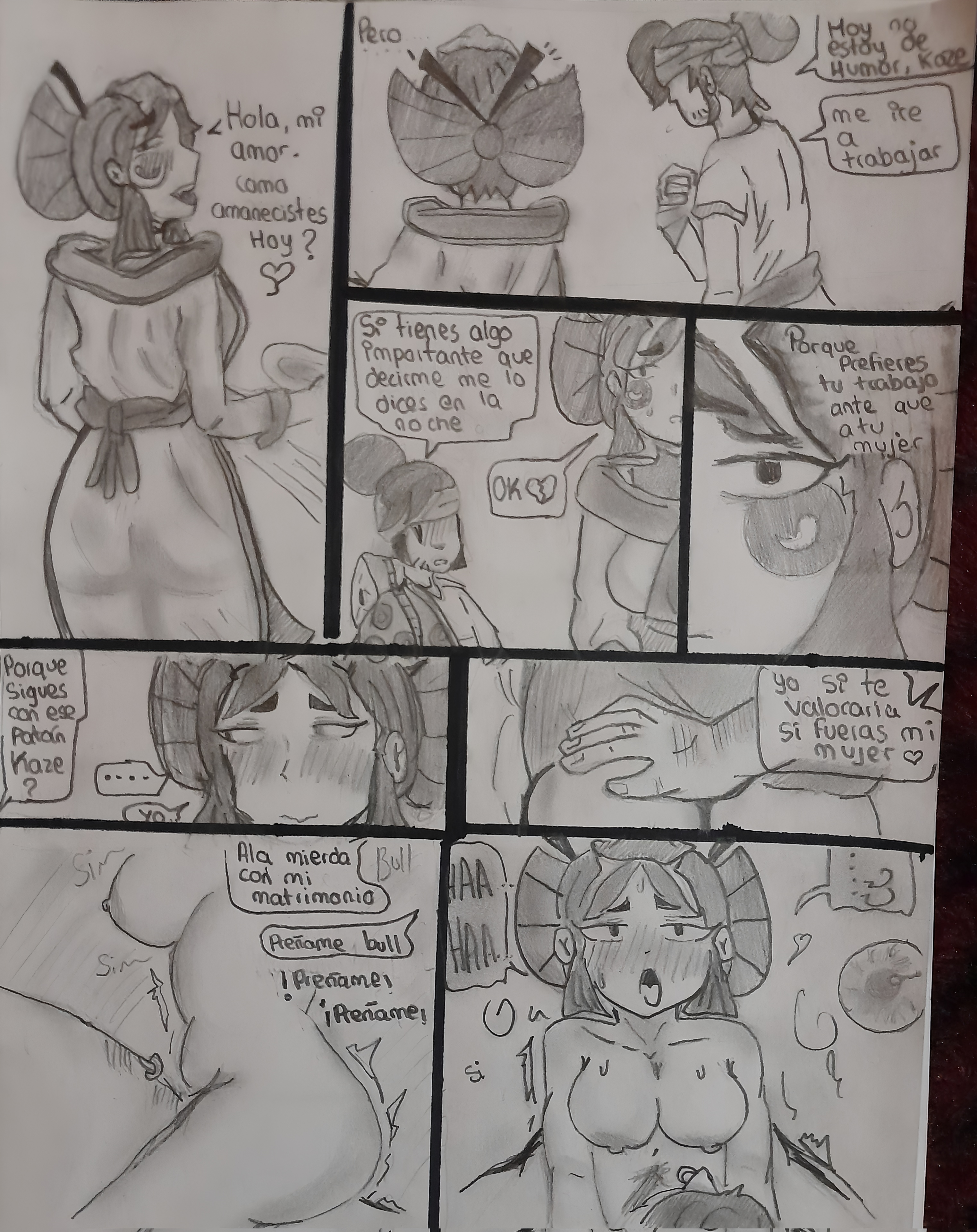 1girls, 2boys, brawl stars, bull (brawl stars), cheating, cheating wife, comic, female, greyscale, kaze (brawl stars), kenji (brawl stars), male, monochrome, sex, spanish text, supercell, tagme, the nova8v, traditional media, traditional media (artwork)