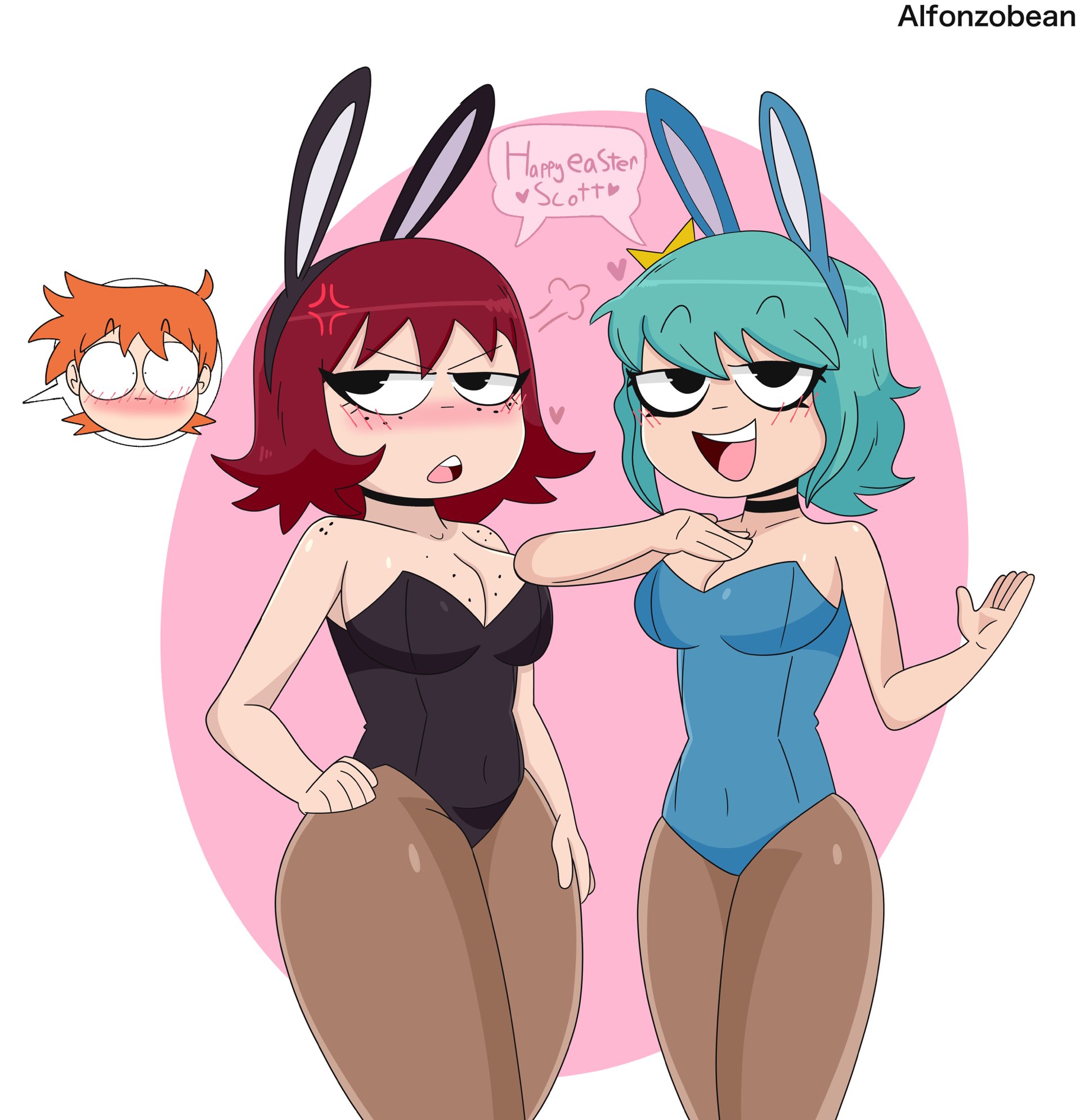 2girls, bare shoulders, black bunnysuit, blue bunnysuit, blue hair, blush, breasts, bunny ears, bunny girl, bunnysuit, cleavage, easter, embarrassed, female, female focus, freckles, freckles on breasts, garbonzobean21, kim pine, multiple females, multiple girls, ramona flowers, red hair, redhead, redhead female, scott pilgrim, scott pilgrim takes off, scott w pilgrim, short blue hair, short hair, short red hair