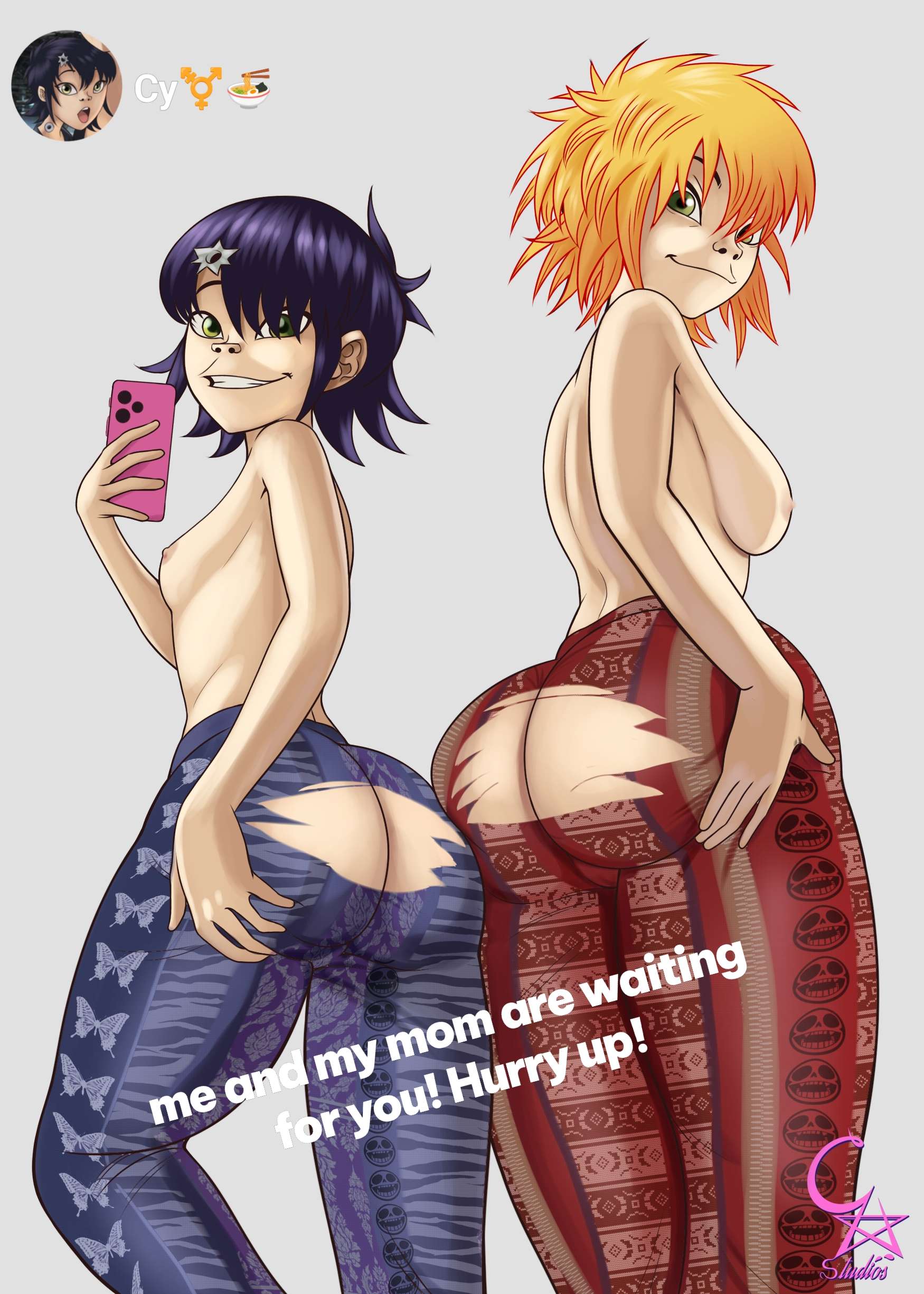 ass, cockstar studios, cyborg noodle, flare pants, forbidden pants, gorillaz, noodle (gorillaz), noodle (tranz), presenting ass, ripped pants, tagme