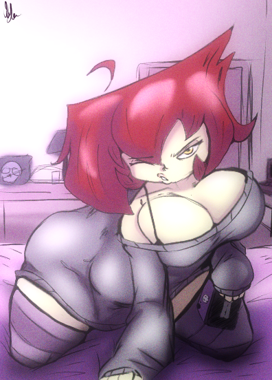boob_squish breasts female game_console gaz_membrane giygal invader_zim looking_at_viewer on_bed one_eye_open pink_background punk_girl red_hair thicc_gaz thighs yellow_eyes