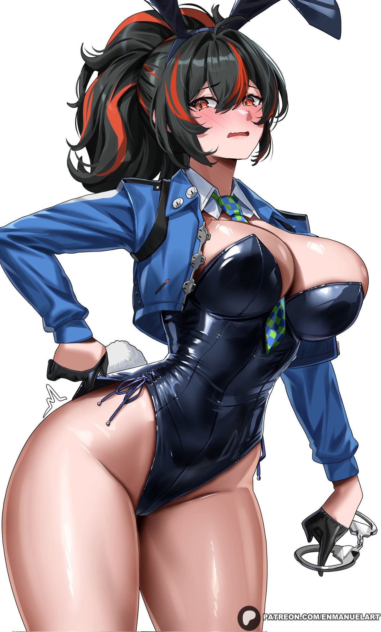 1girls, ass, ass focus, big ass, big breasts, big thighs, black hair, blush, breasts, bunny ears, bunnysuit, enmanuelart20, female, female focus, female only, gloves, huge ass, huge breasts, huge thighs, large breasts, multicolored hair, new eridu public security, orange eyes, orange hair, tagme, thick hips, thick thighs, thighs, zenless zone zero, zhu yuan