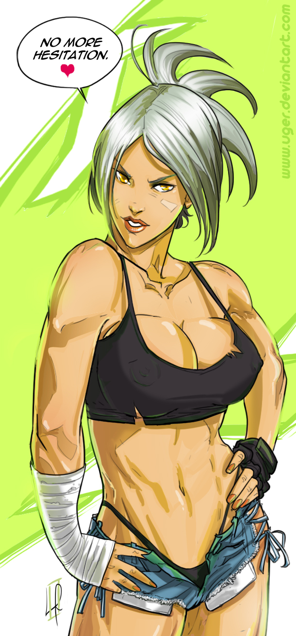 <3, abs, bandage, black gloves, black panties, breasts, cleavage, clothed, english, english text, erect nipples, female, female only, gloves, hands on hips, heart, highleg, highleg panties, human, jean shorts, large breasts, league of legends, looking at viewer, muscular, muscular female, nipple bulge, nipples, panties, ponytail, riven, short shorts, shorts, signature, single glove, skimpy, solo, speech bubble, standing, tank top, text, thong, tied hair, toned, uger, underwear, white hair