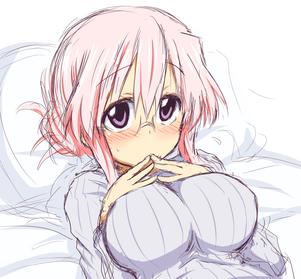 blush breasts female female_only glasses human impossible_clothes impossible_sweater large_breasts lucky_star lying miyuki_takara on_back pillow pink_hair purple_eyes ribbed_sweater sketch solo sweater take_(shokumu-taiman)