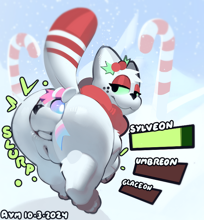 2024 anal anal_vore ass aymbord duo eeveelution female feral gameplay_mechanics generation_6_pokemon genitals gui health_bar junipurr looking_back nintendo outside pokemon pokemon_(species) pussy rear_view simple_background snow sylveon vore white_body
