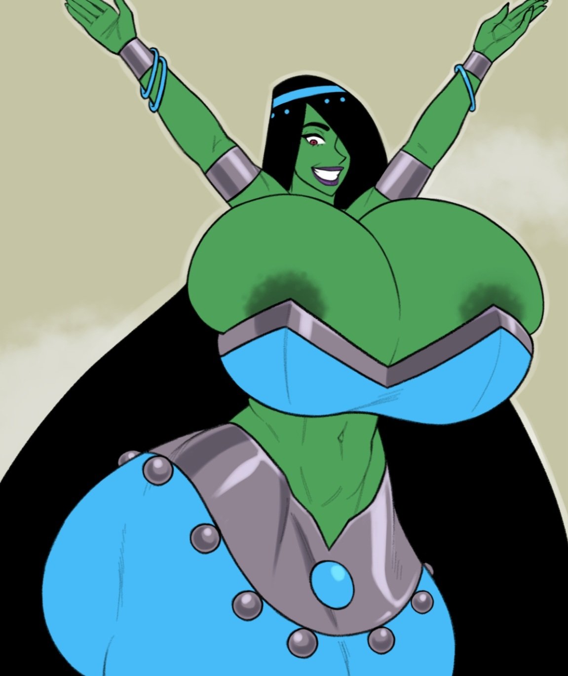 1girls, ass, big ass, big breasts, black hair, breasts, danny phantom, desiree, female, female only, genie, genie girl, green skin, huge ass, huge breasts, massive areolae, massive breasts, nickelodeon, nipples, red eyes, sir wankies, solo