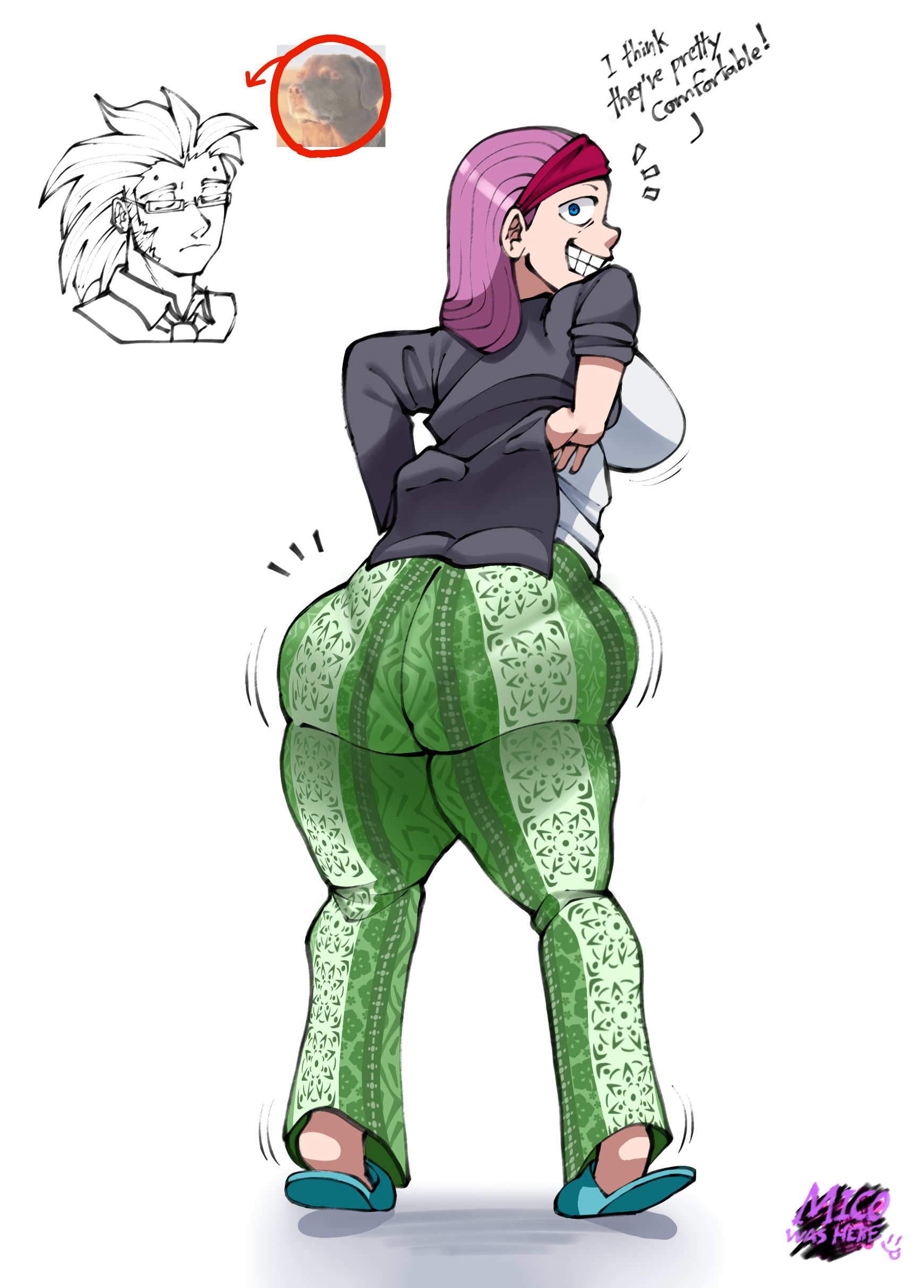 1girls, ass, ass focus, backshot, big ass, dialogue, female, female focus, female only, flare pants, forbidden pants, from behind, grin, grinning, large ass, long hair, meme, mico vorgeil, purple hair, shonen jump, smile, srjrgart, text, thick thighs, undead unluck