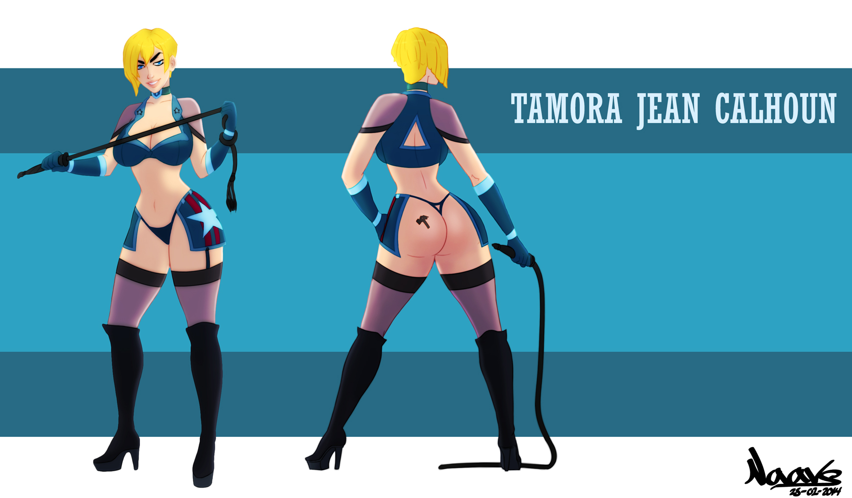 1girls, 2014, artist name, ass, ass tattoo, black thong, blonde hair, blue eyes, blue gloves, character name, choker, cleavage, clothed, clothed female, clothes, clothing, color, colored, dated, disney, english, english text, female, female only, footwear, full length, full-length portrait, garter straps, gloves, heels, high heel boots, high heels, holding object, human, human only, kneehighs, light skin, light-skinned female, naavs, portrait, revealing clothes, sergeant calhoun, short hair, signature, simple background, skimpy, skimpy clothes, solo, standing, stockings, tattoo, text, thighhighs, thong, uncensored, underwear, whip, wreck-it ralph