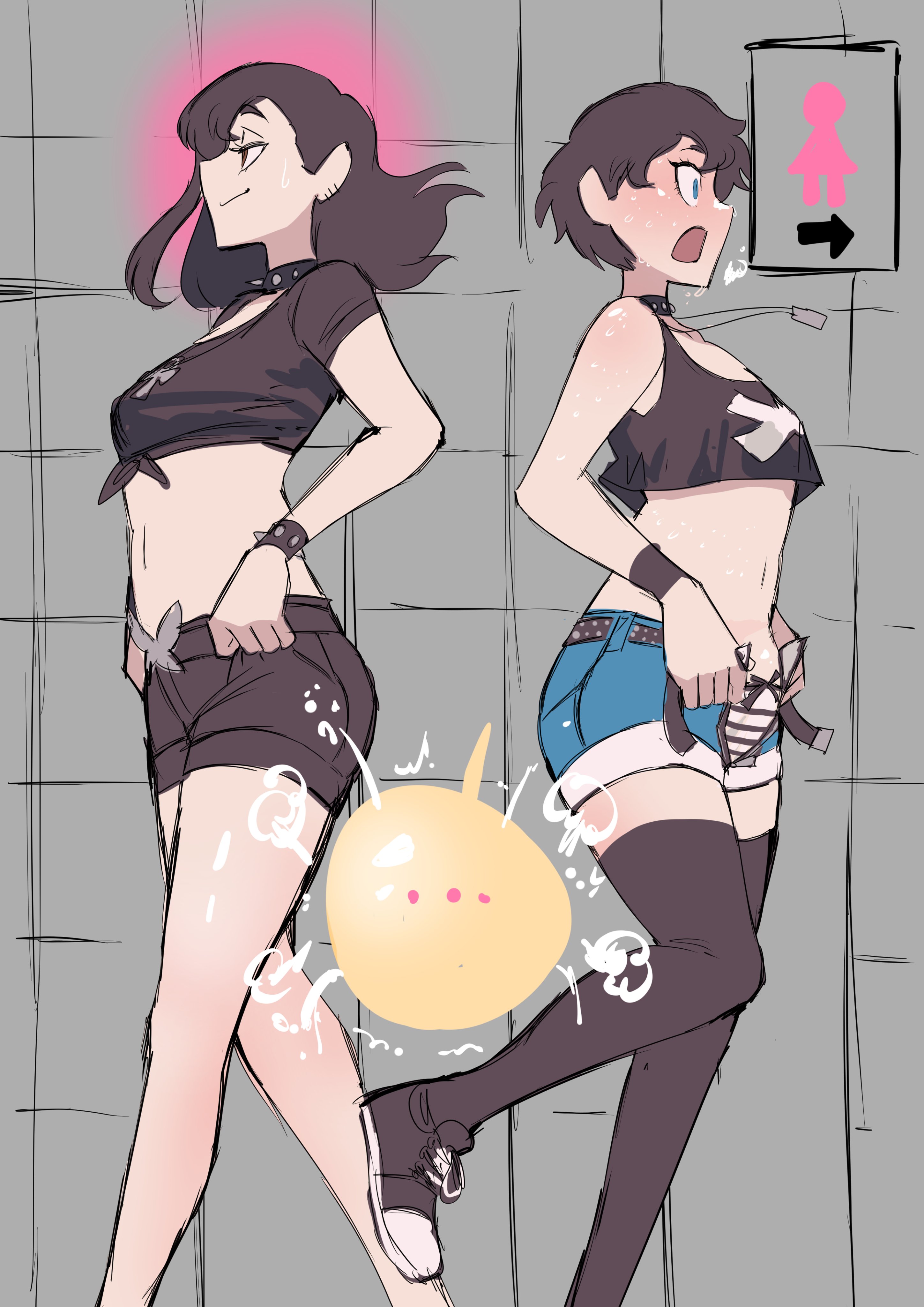 ..., 2girls, belt, beth (biku), biku, black hair, black shirt, black sneakers, black thighhighs, bladder bulge, blue eyes, blush, bow, bow panties, bracelet, brown eyes, choker, collar, denim, denim shorts, desperate, female, have to pee, navel, necklace, need to pee, open fly, open mouth, original, panties, relief, relieved, rushing, rushing to bathroom, short hair, shorts, sneakers, spiked bracelet, spiked collar, striped panties, thighhighs, tied shirt, unbuckled belt, underwear, wide eyed, zoe (biku)