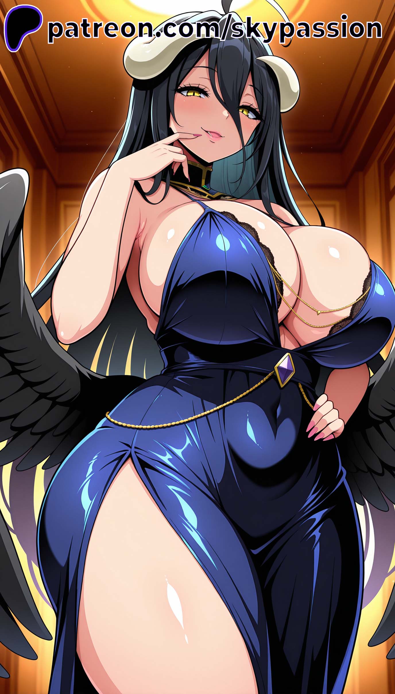 1girls 2025 ai_assisted ai_generated albedo_(overlord) anime artist_name bare_shoulders belly big_breasts black_feathers black_hair black_wings breasts bust chest cleavage clothed_breasts clothed_female covered_navel curvy demon_girl demon_horns demon_wings dress feathered_wings feathers female female_focus female_only grey_horns hair_between_eyes hand_on_own_face hi_res high_quality high_resolution highres hip_vent horns indoors long_hair looking_at_viewer low_wings overlord_(maruyama) patreon patreon_username skypassion slit_pupils smile solo stable_diffusion thick_thighs thighs watermark wings yellow_eyes