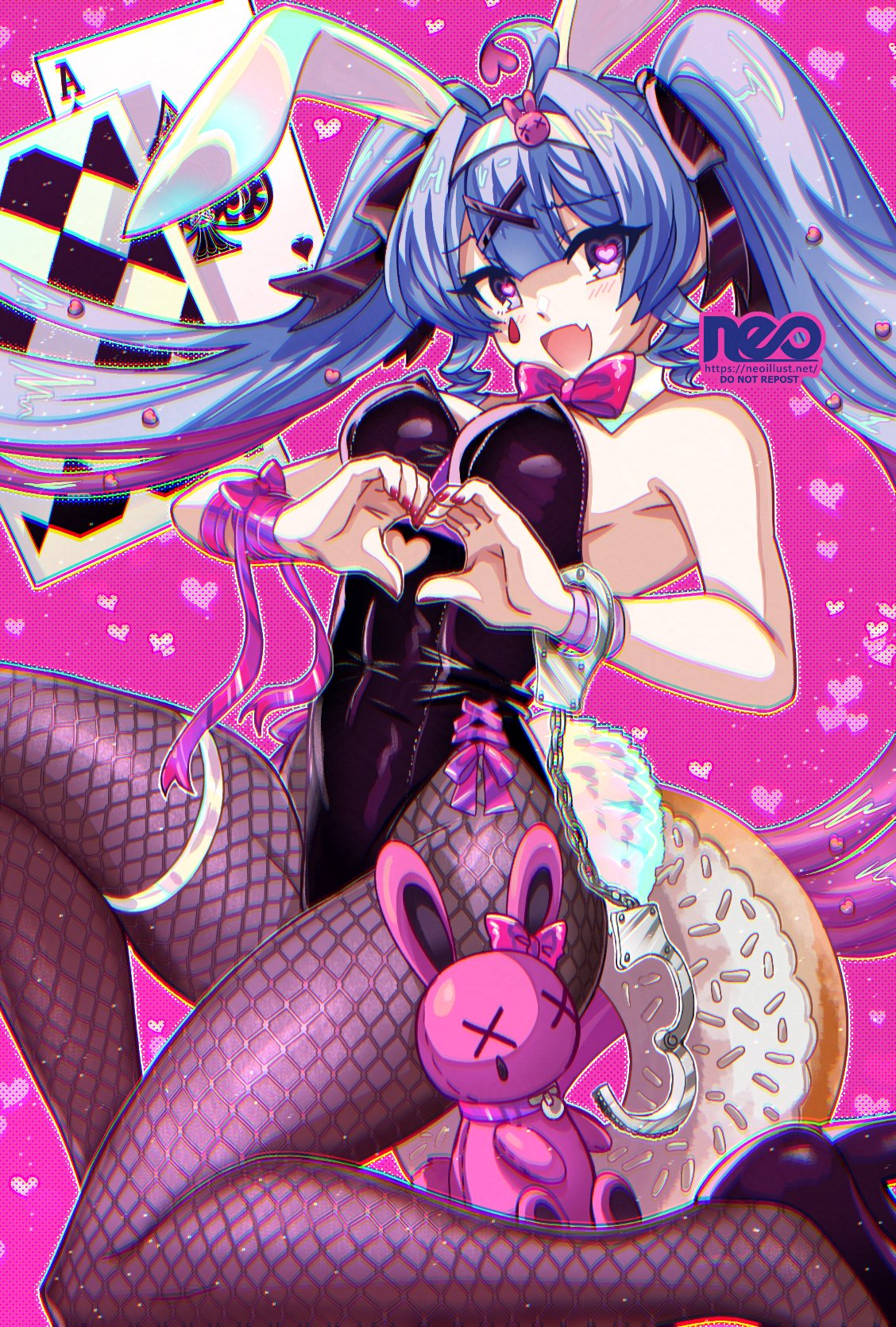 :d, 1girl, ahoge, animal ears, bangs, bare shoulders, big breasts, black footwear, black leotard, blue hair, bow, bowtie, breasts, brown pantyhose, bunny ears, bunny girl, bunny tail, bunnysuit, card, detached collar, fake animal ears, fang, female, fishnet pantyhose, fishnets, grey eyes, hair ornament, hatsune miku, heart, heart eyes, heart hands, heart-shaped pupils, high heels, leotard, long hair, looking at viewer, medium breasts, nail polish, open mouth, pantyhose, pink background, pink bow, pink bowtie, pink hair, playboy bunny, playing card, purple, purple background, purple eyes, rabbit ears, rabbit hole (vocaloid), rabbit tail, ribbon, skin fang, smile, solo, strapless, strapless leotard, stuffed animal, stuffed bunny, stuffed toy, symbol-shaped pupils, tail, thighs, twintails, very long hair, vocaloid, wrist cuffs, x hair ornament