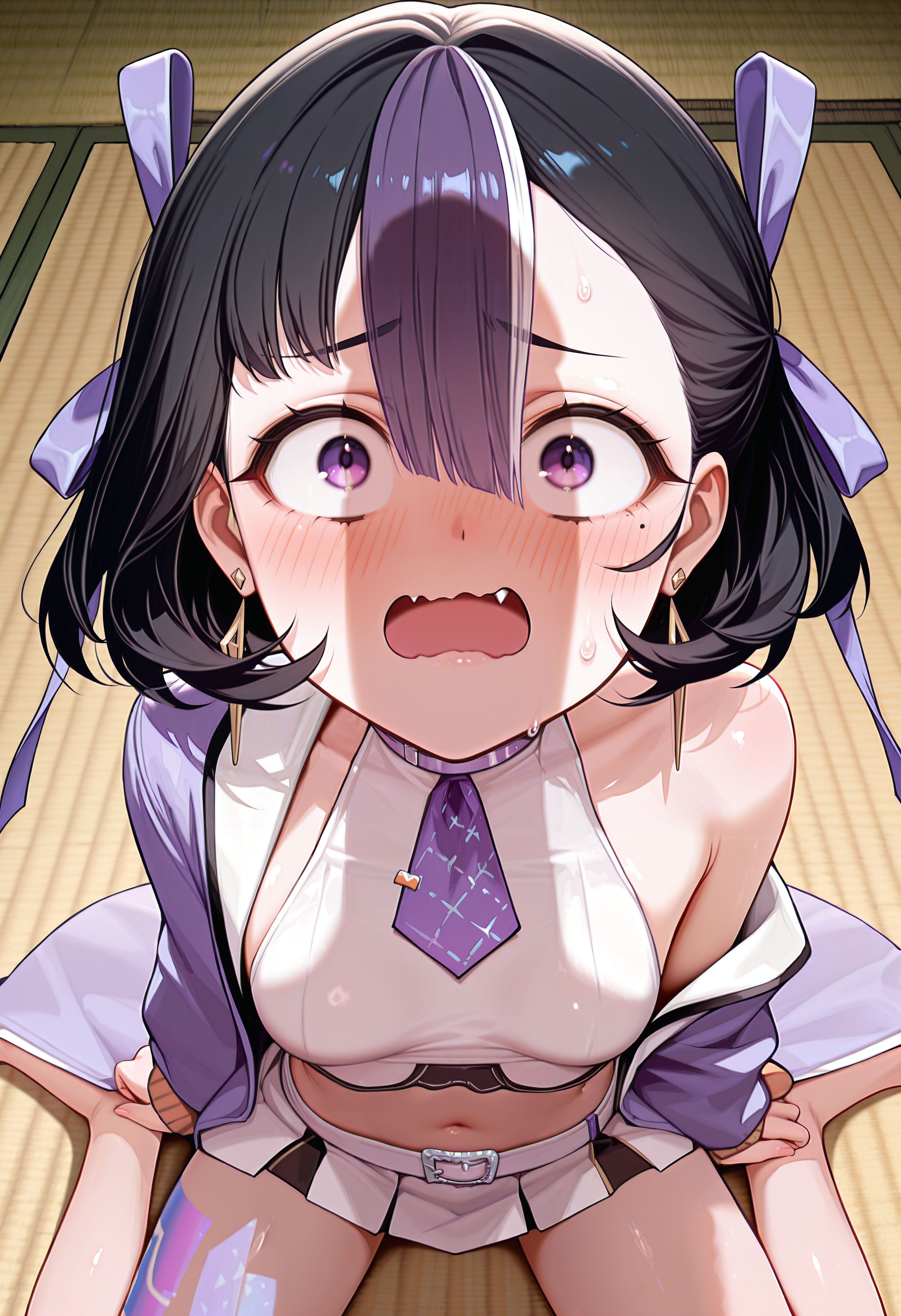 1girls, absurdres, ai generated, aiya ayai, barefoot, black hair, breasts, crop top, female, from above, goddess of victory: nikke, hair between eyes, hair ribbon, hand to own mouth, hi res, highres, leg tattoo, looking at viewer, male, miniskirt, mole under eye, multicolored hair, navel, oerba yun fang, off shoulder, open mouth, penis, penis awe, penis shadow, petite, pleated skirt, purple eyes, purple hair, purple jacket, purple ribbon, shadow, short hair, short necktie, single bare shoulder, sleeveless, small breasts, streaked hair, syuen (nikke), tatami, triangle earrings, wariza, wavy mouth, white belt, white shirt, white skirt, wide-eyed, worried