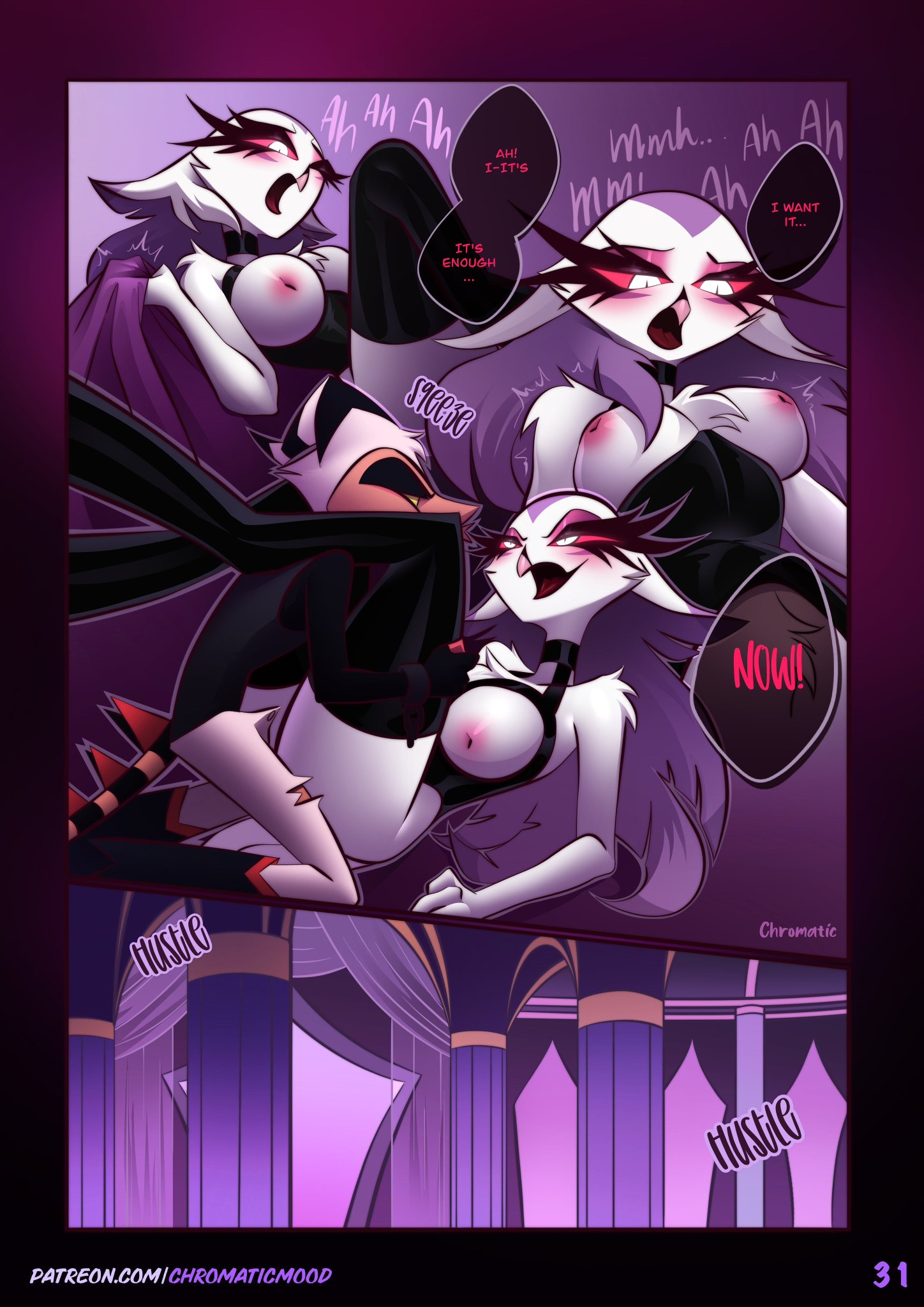 1boy, 1girls, 2025, 2d, asking for it, asking for sex, avian, bird, breasts, breasts out, chromaticmood, color, comic, demon, english, english text, eyelashes, feathers, female, fur, helluva boss, imp, looking at another, male, male/female, multiple scenes, nipples, onomatopoeia, sheet grab, sheets, stella (helluva boss), striker (helluva boss), tail, text, vivienne medrano, watermark