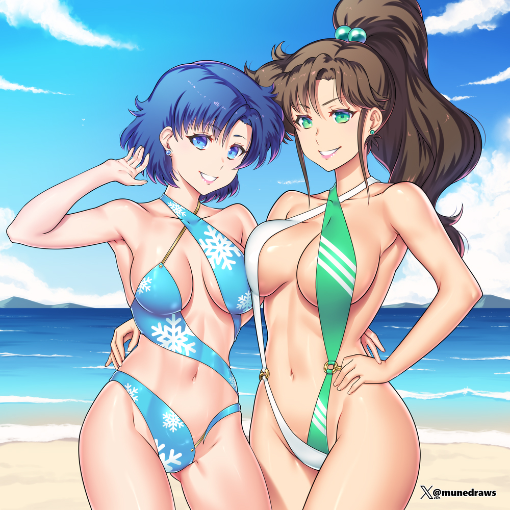 2girls, alluring, ami mizuno, arm around partner, bare shoulders, beach, big breasts, bishoujo senshi sailor moon, blue eyes, blue hair, breasts, brown hair, cleavage, earrings, etchimune, female, female only, green eyes, green sling bikini, jewelry, long hair, makoto kino, medium breasts, midriff, multiple females, multiple girls, navel, one-piece bikini, ponytail, revealing clothes, short hair, sling bikini, slingshot swimsuit, smile, smiling at viewer, swimsuit, white slingshot bikini