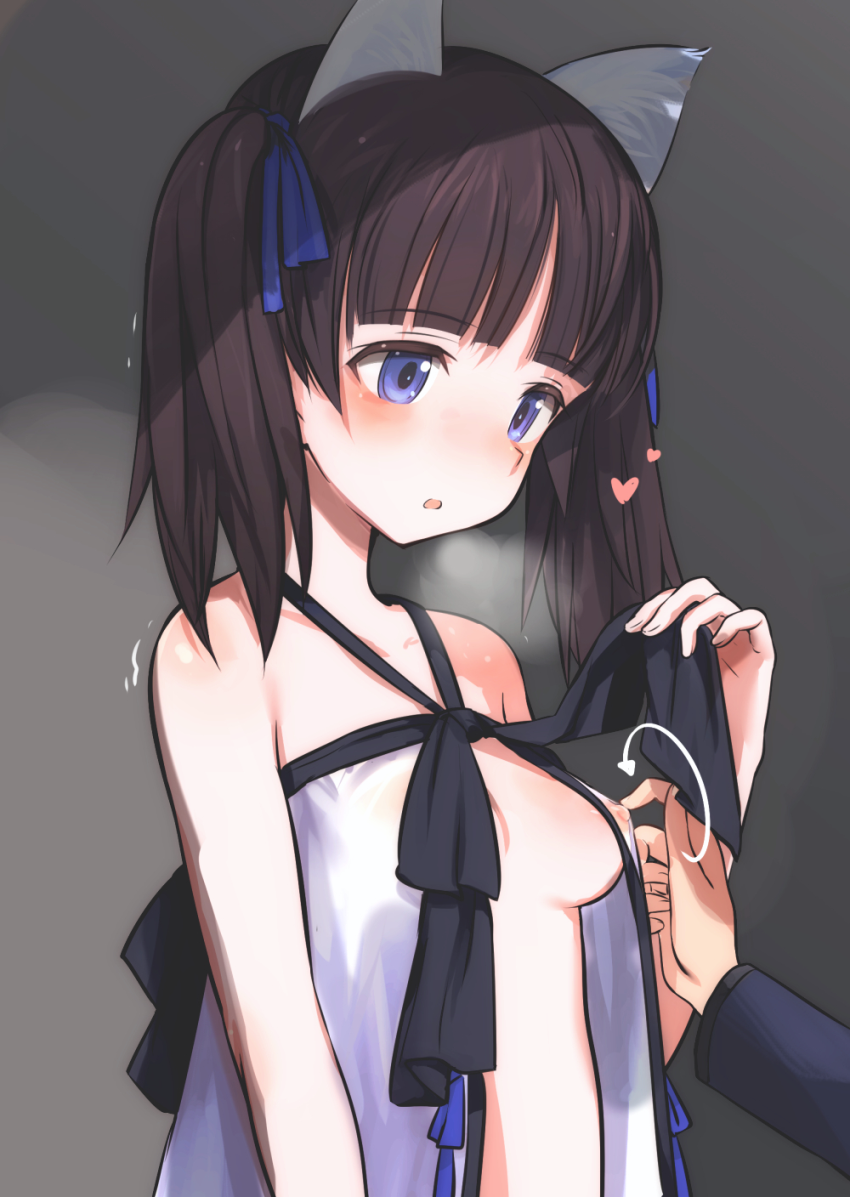 1girls 1other blue_eyes brave_witches breasts brown_hair female georgette_lemare long_hair nipples open_mouth shimada_fumikane simple_background small_breasts twintails upper_body world_witches_series