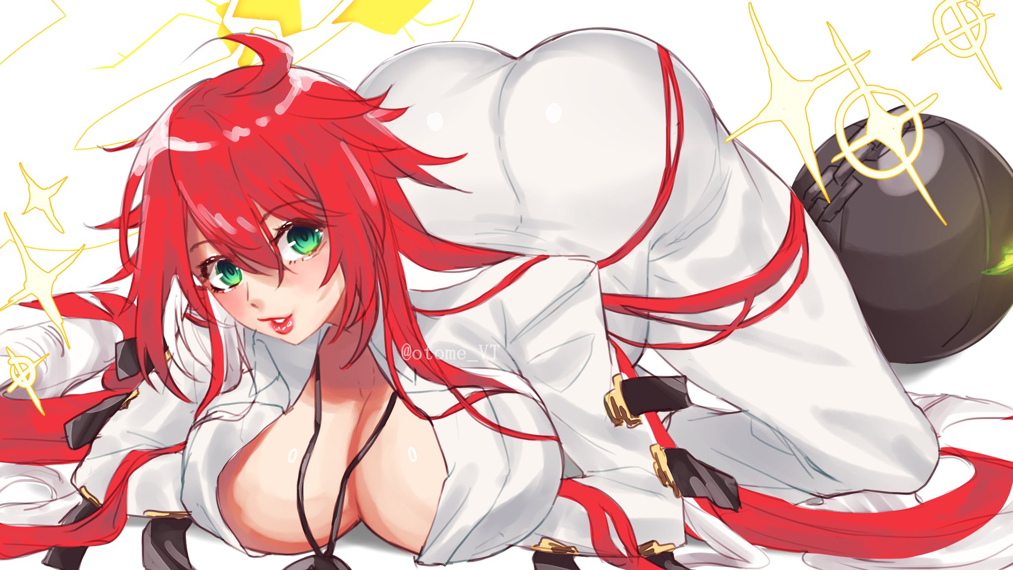 2d, 2d (artwork), 2d artwork, artist name, ass, belt buckle, bent over, big ass, big breasts, big butt, breasts, broken halo, buckle, chains, cleavage, commentary, female, green eyes, guilty gear, guilty gear strive, hair spread out, halo, highres, huge ass, huge breasts, jack-o' valentine, jewelry, large ass, large breasts, long hair, looking at viewer, metal ball, necklace, otome vt, parted lips, red hair, simple background, smile, star (symbol), top-down bottom-up, twitter username, very long hair, watermark, white background