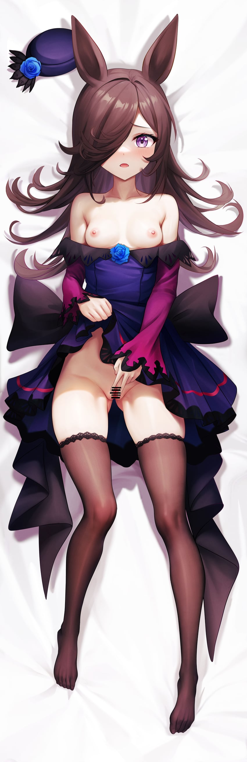bar censor, black hair, breasts, censored, dakimakura, dakimakura design, exposed pussy, female, fingering, fingering self, kazamatsuri honatsu, long hair, looking at viewer, masturbation, purple eyes, pussy, rice shower (rosy dreams) (umamusume), rice shower (umamusume), skirt, small breasts, stockings, umamusume