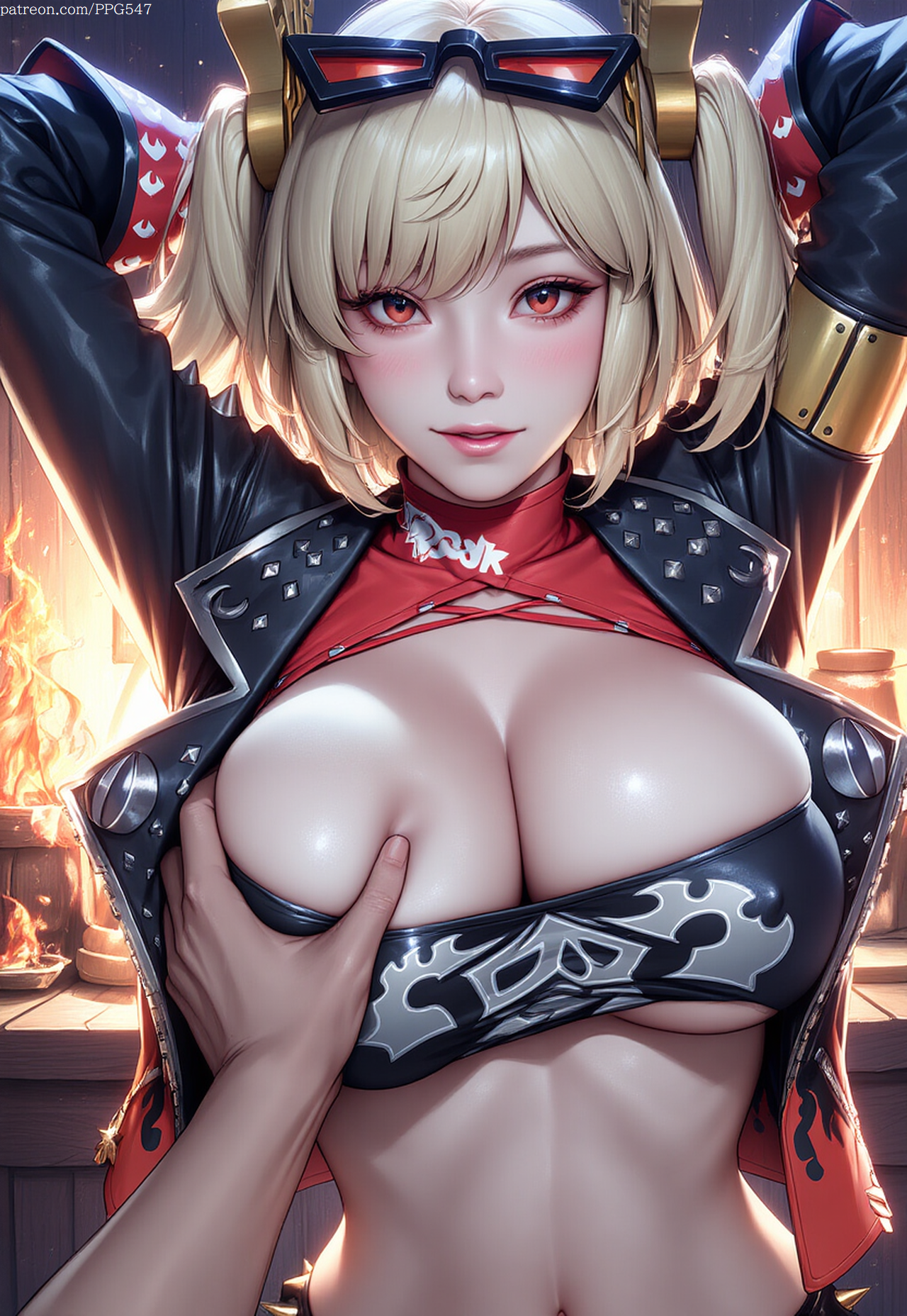 1girls, ai generated, bangs, belly button, big breasts, biker clothes, black jacket, blonde female, blonde hair, blonde-haired female, blush, breast squeeze, breast squish, breasts, burnice white, cleavage, clothed, clothed female, clothes, clothing, covered nipples, eye contact, eyelashes, female, female focus, female human, grabbing, grabbing breasts, hands behind head, headwear, human, human female, jacket, large breasts, leather clothing, lipstick, long eyelashes, looking at viewer, male, nai diffusion, novelai, open clothes, parted lips, patreon username, pink lipstick, pov, pov eye contact, pov male, pujopg, revealing clothes, sidelocks, slim waist, twintails, underboob, white body, white skin, young, young female, zenless zone zero
