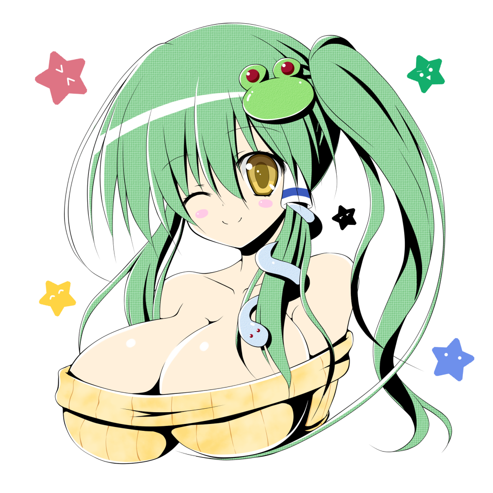 alternate_hairstyle bare_shoulders breasts bust female frog_hair_ornament green_hair hair_ornament hair_tubes large_breasts long_hair looking_at_viewer osashin_(osada) ribbed_sweater sanae_kochiya side_ponytail smile snake_hair_ornament solo star sweater touhou wink yellow_eyes