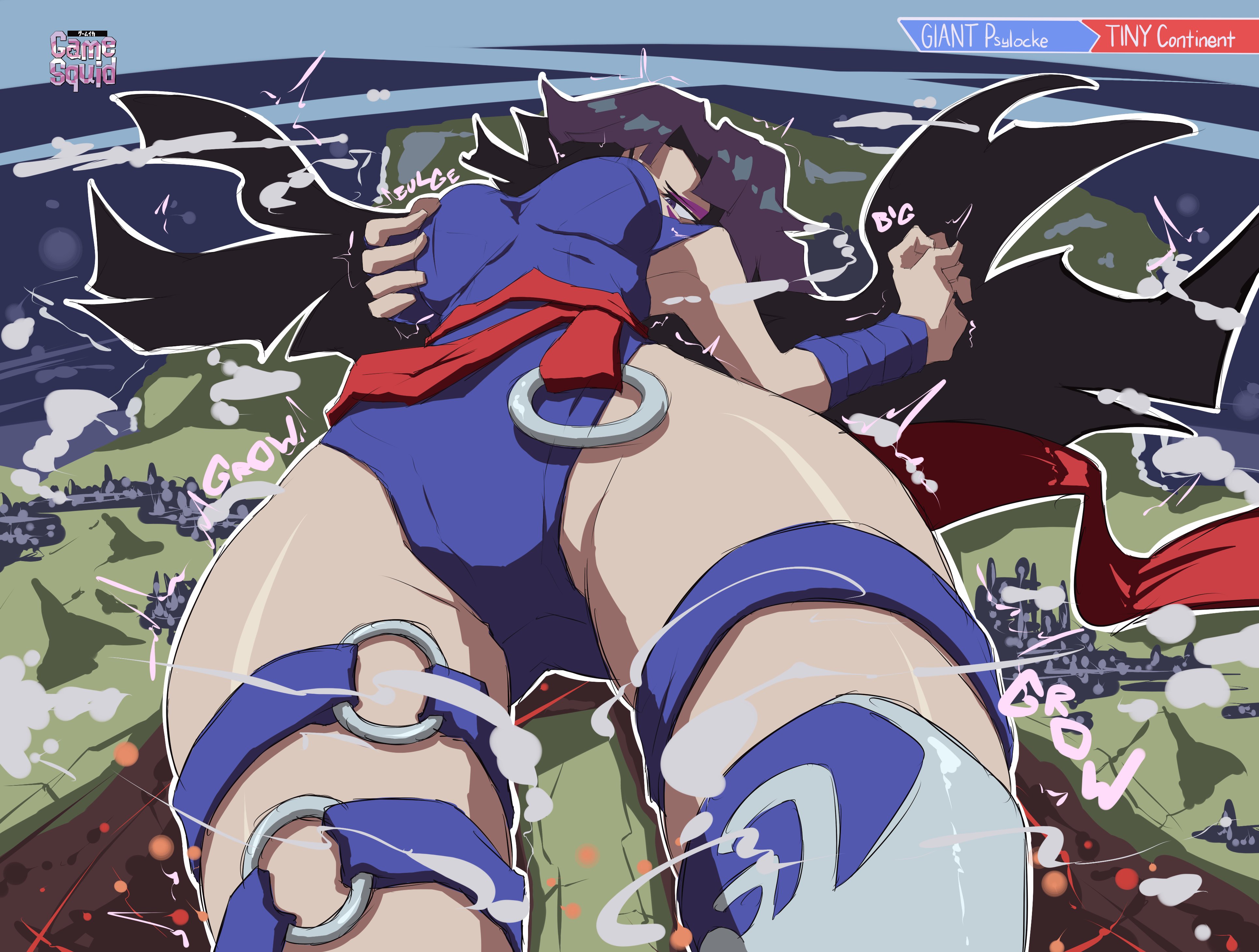 1girls, asian female, black hair, black-haired female, body growth, body growth (enlargement), breasts, clothed, clothed female, continent, female, female focus, female only, gamesquid, giant female, giantess, growth, hyper giantess, land, laying down, laying on back, long hair, long-haired female, marvel, marvel comics, marvel rivals, ocean, psylocke, psylocke (sai) (vengeance), solo female, solo focus, thick thighs, thighs, water, x-men