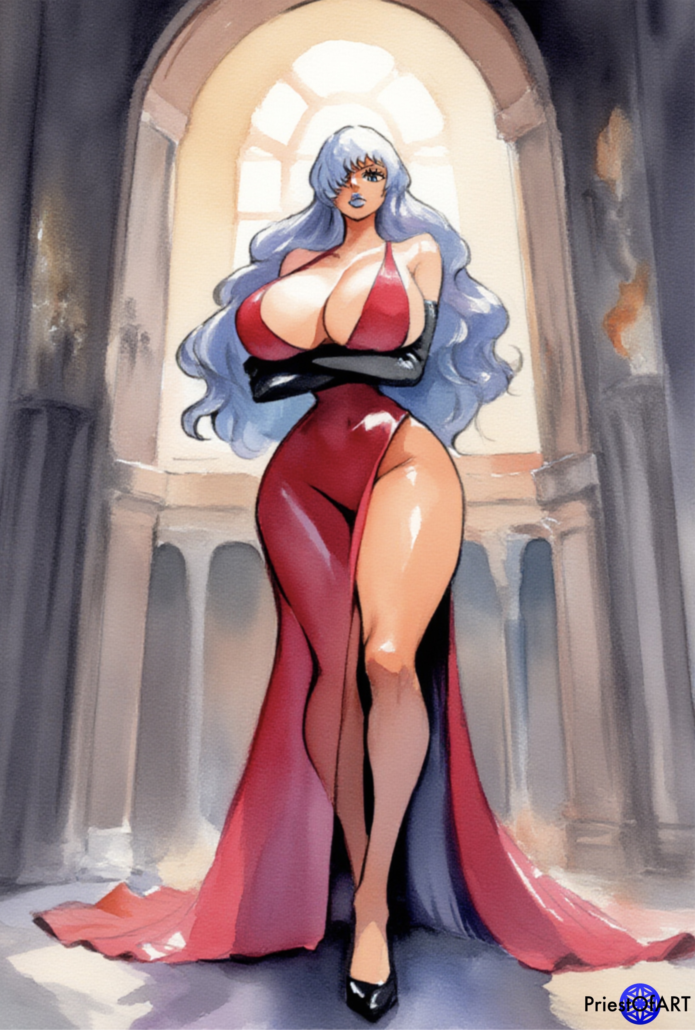 1girls, ai generated, big breasts, breasts, busty, charlotte smoothie, clothing, dress, elbow gloves, female, female only, gloves, heels, huge breasts, indoors, large breasts, long hair, one eye covered, one piece, priestofart, silver hair, solo, solo female, standing, tagme, tagme (artist), tagme (character), thick thighs, watercolor, watermark, white hair, white-haired female, wide hips